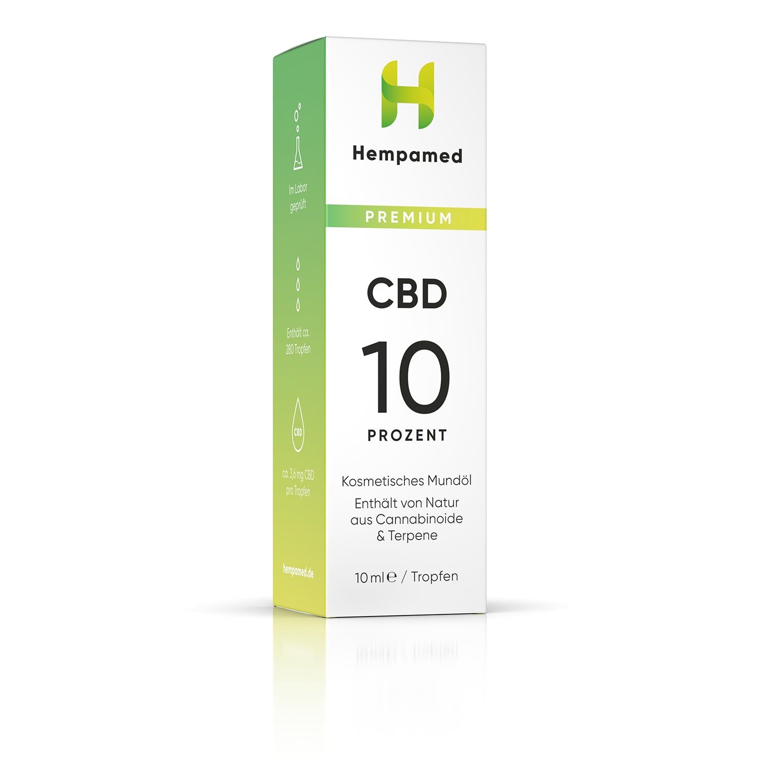 Weiße Verpackung mit grünem Farbverlauf. Aufschrift: Hempamed, CBD 10 Prozent. Enthält Cannabinoide & Terpene.