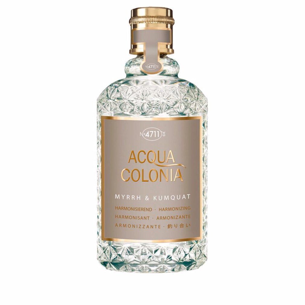 Glasflakon mit goldfarbenem Verschluss. Aufschrift: Acqua Colonia Myrr & Kumquat. Label mit Text in mehreren Sprachen.