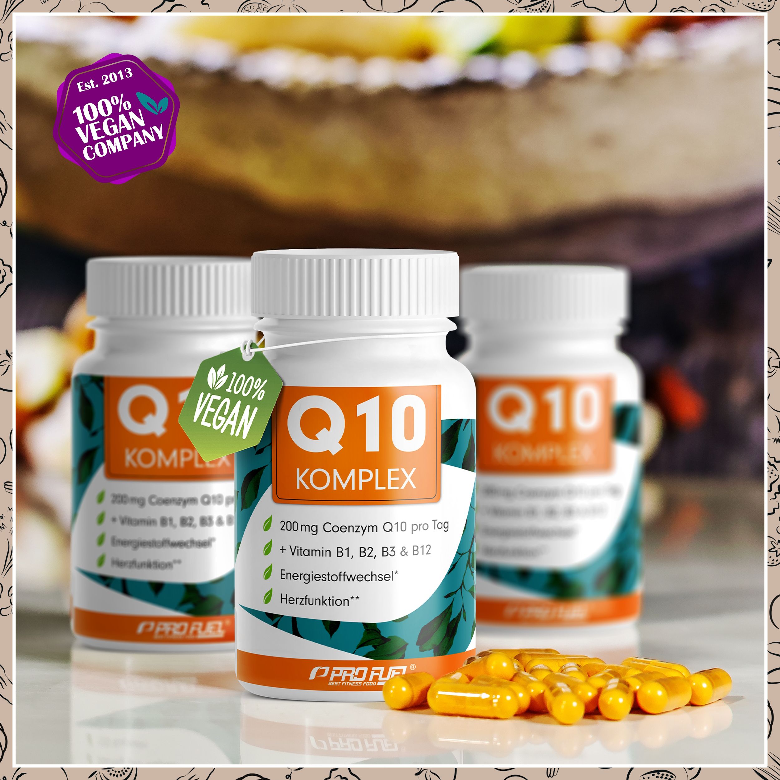 Drei Flaschen Pro Fuel Coenzym Q10 Komplex, 100% vegan, mit Kapseln.