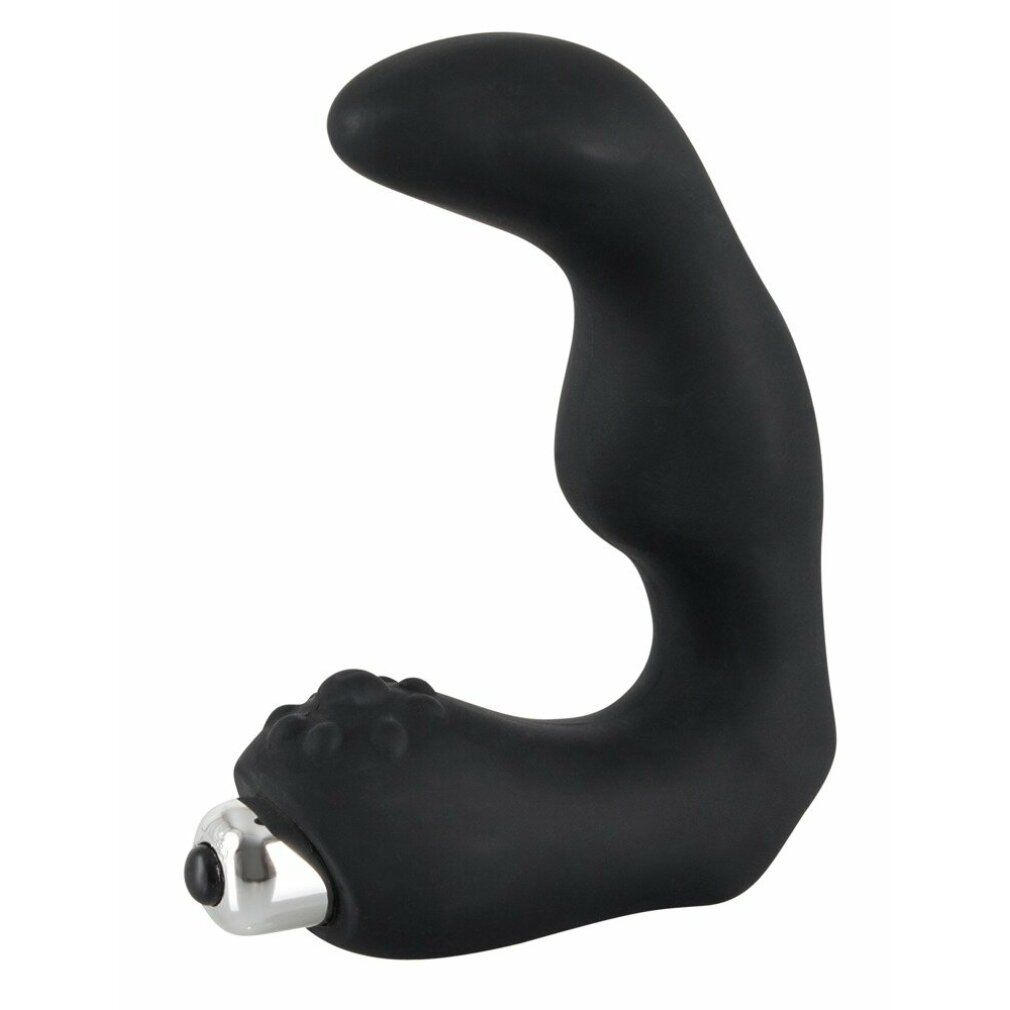 Schwarzer Vibrator mit gebogener Form und metallischem Ende. Oberflächenstruktur am Ende.