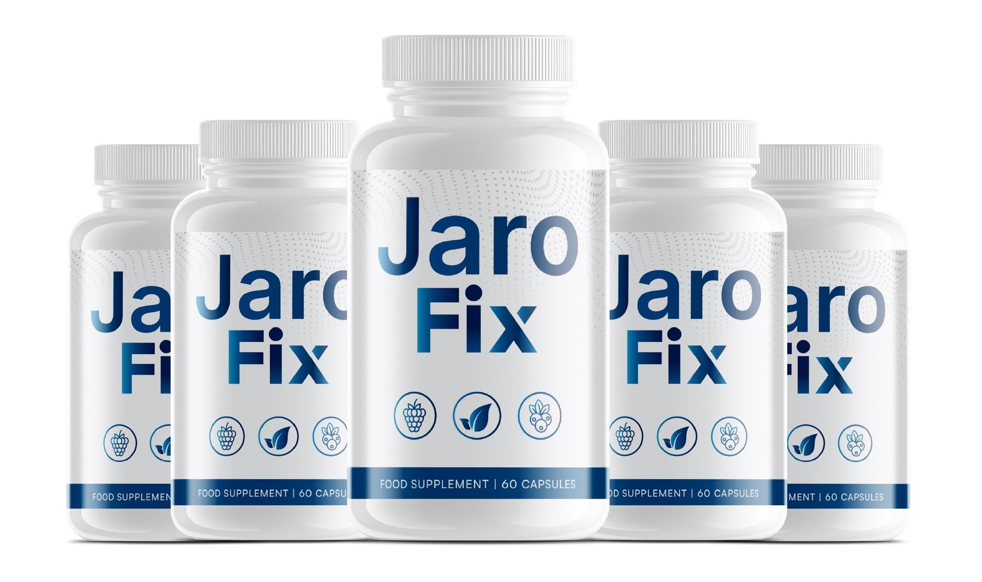 Fünf weiße Flaschen mit JaroFix Kapseln, jeweils 60 Stück. Lebensmittelergänzung.