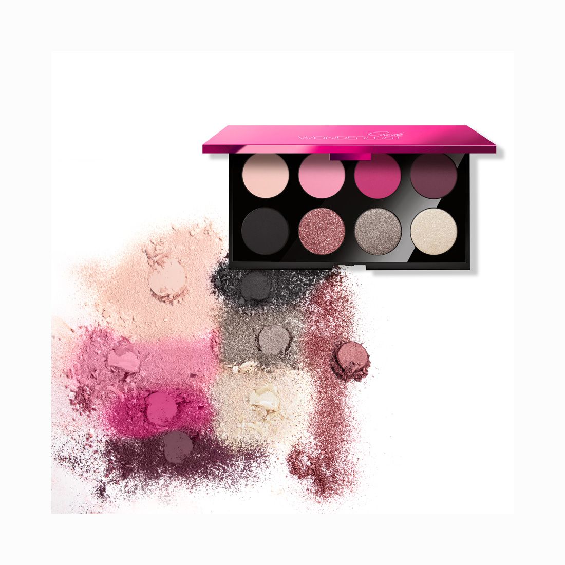 Ga-De Wonderlust Lidschatten-Palette mit acht Farbtönen, schwarzes Etui mit pinkfarbenem Deckel. Farbproben liegen darunter.
