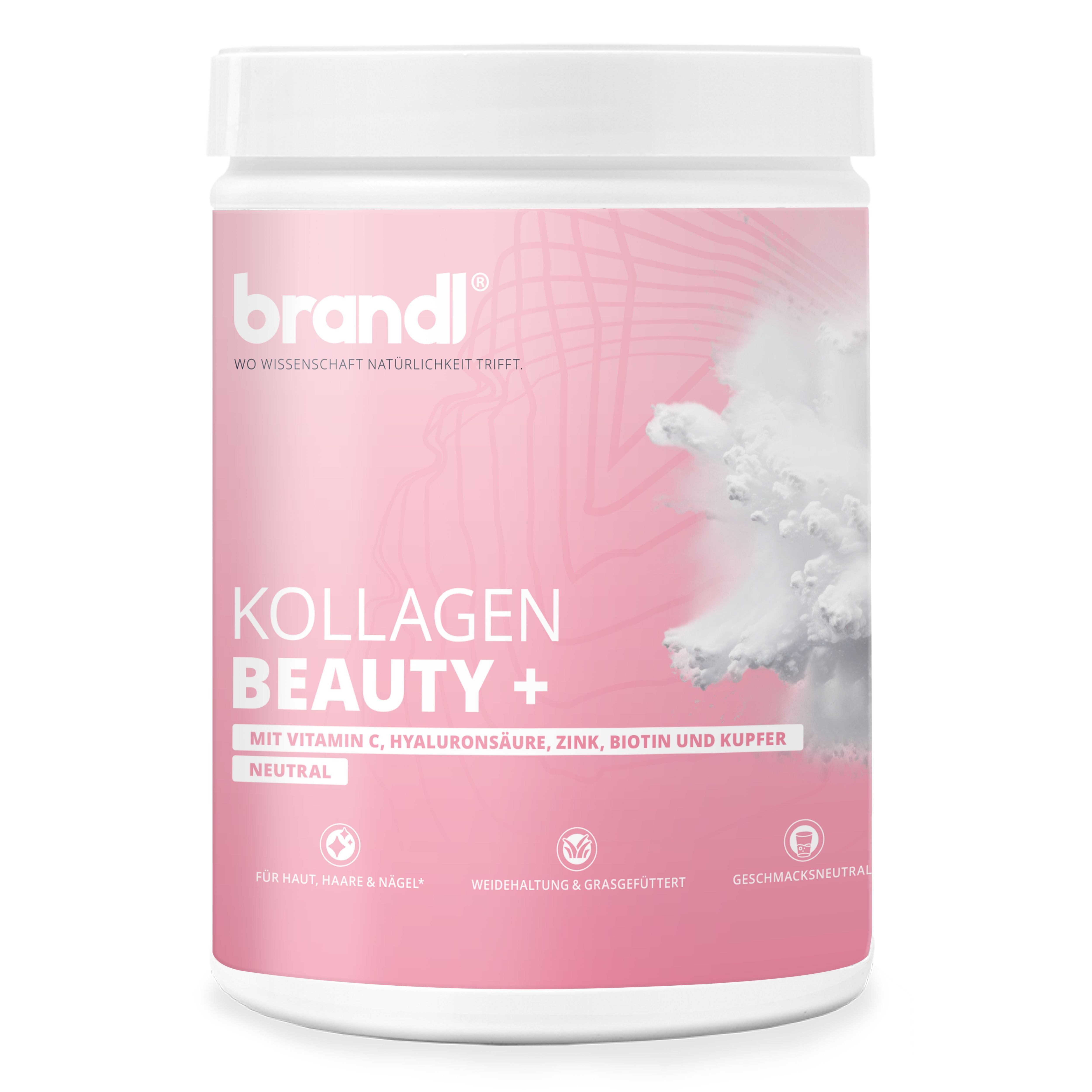 Weißer Behälter mit rosa Etikett. Aufschrift: brandl® Kollagen Beauty + mit Vitamin C, Hyaluronsäure, Zink, Biotin und Kupfer.