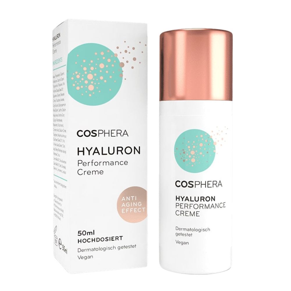 Cosphera Hyaluron Performance Creme. Weiße Tube mit kupferfarbenem Deckel und Verpackung. Text: Hyaluron Performance Creme, 50ml, vegan.