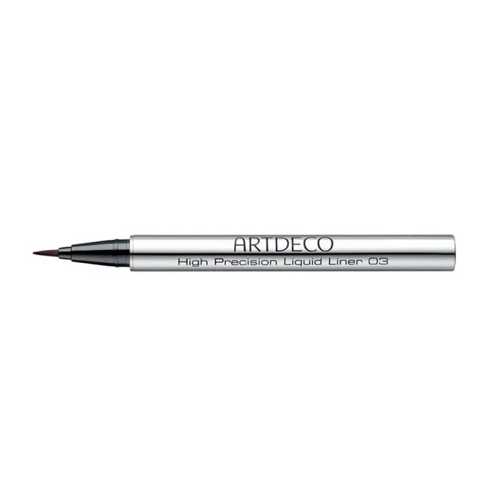 Eyeliner mit feiner Spitze. Silberfarbener Stift mit schwarzer Spitze. Aufschrift: ARTDECO, High Precision Liquid Liner 03.
