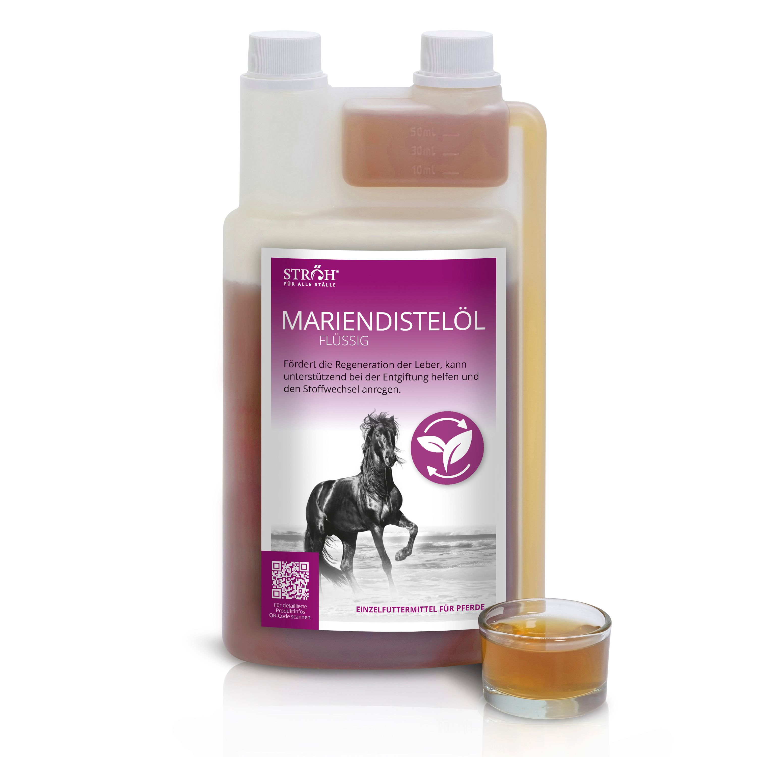 Mariendistelöl Flüssig-Flasche mit Logo und Pferd. Neben einer kleinen Schale mit Flüssigkeit. Klare Flüssigkeit.