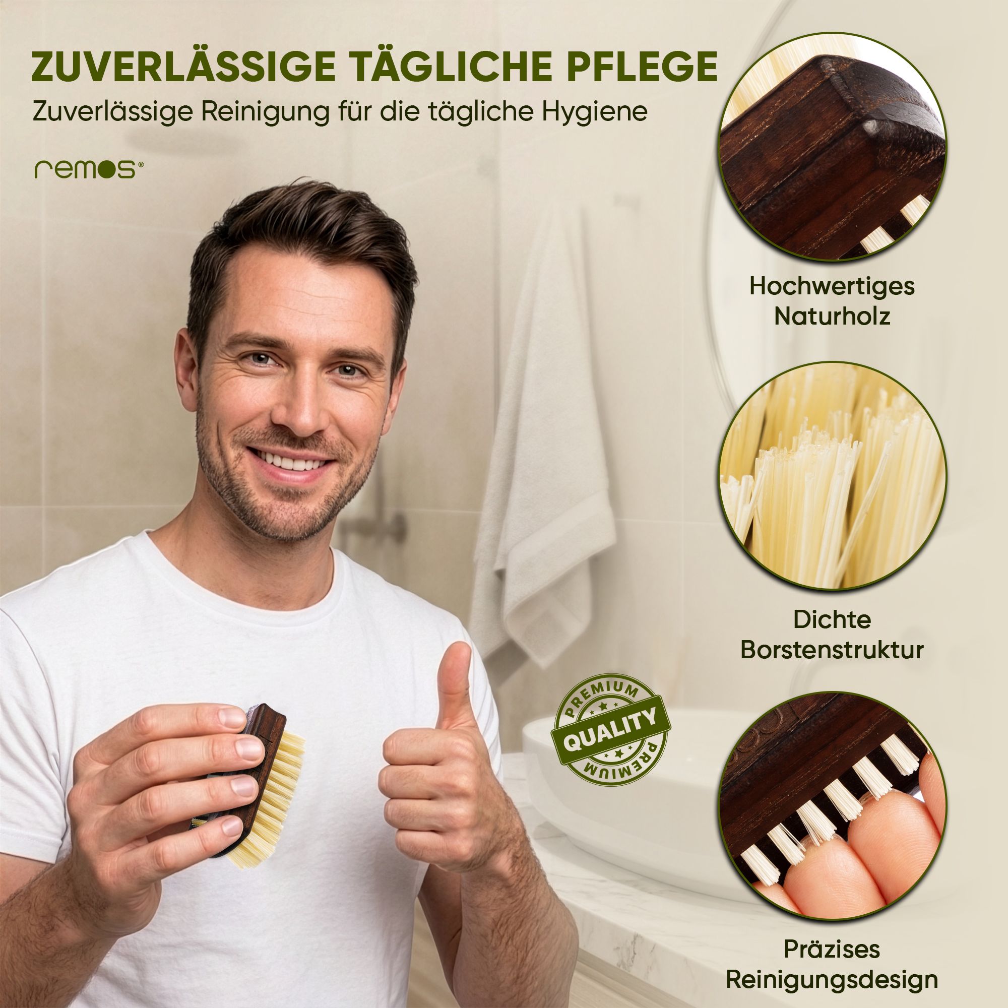 Mann hält Nagelbürste mit Naturborsten. Nahaufnahmen: Holzgriff, Borstenstruktur, präzises Reinigungsdesign. Text: Zuverlässige tägliche Pflege, Premium Qualität.