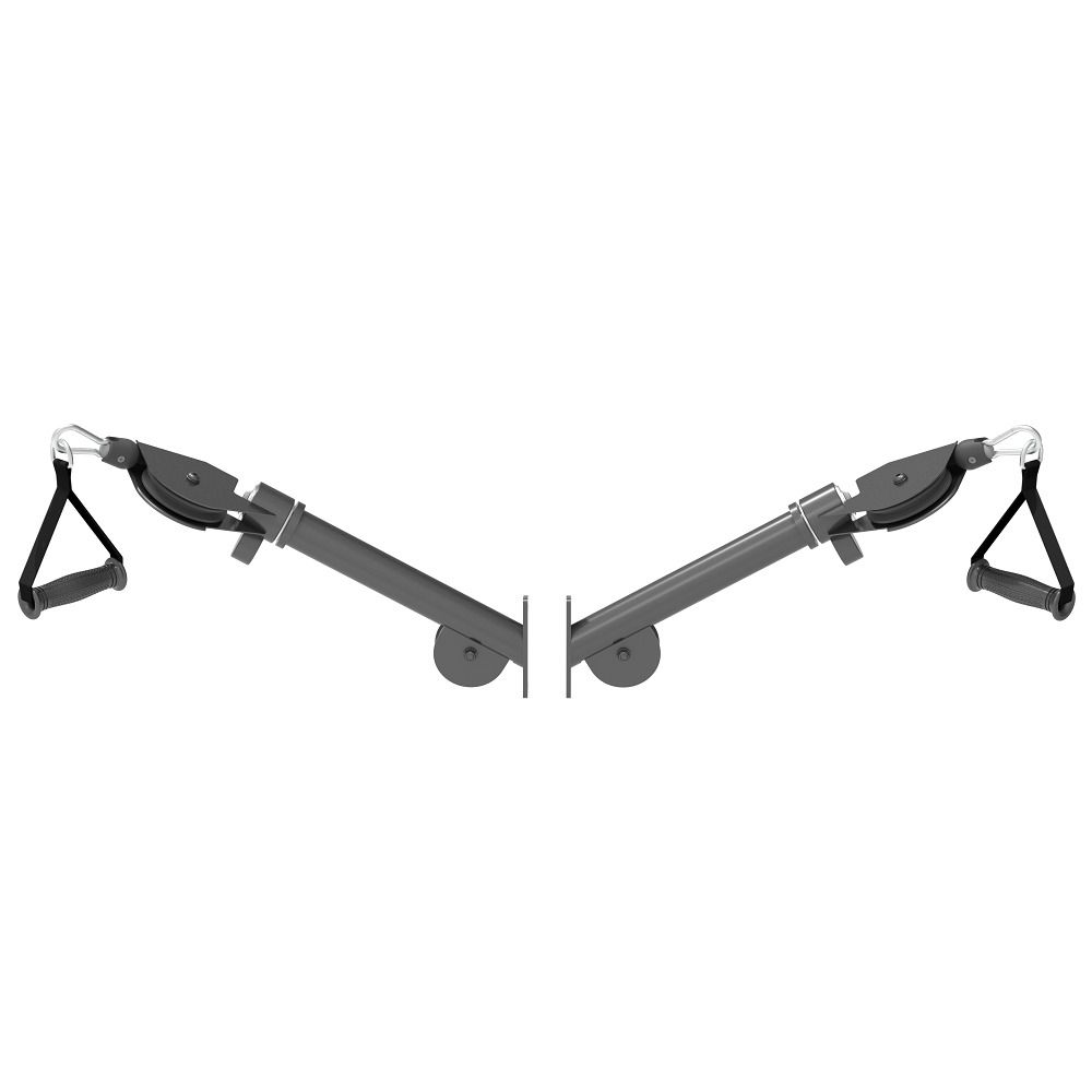 Grauer Kabelzug-Auslegeranbau mit zwei Seilzügen. An jedem Seilzug ist ein Griff befestigt. Die Ausleger sind an einer Halterung befestigt.