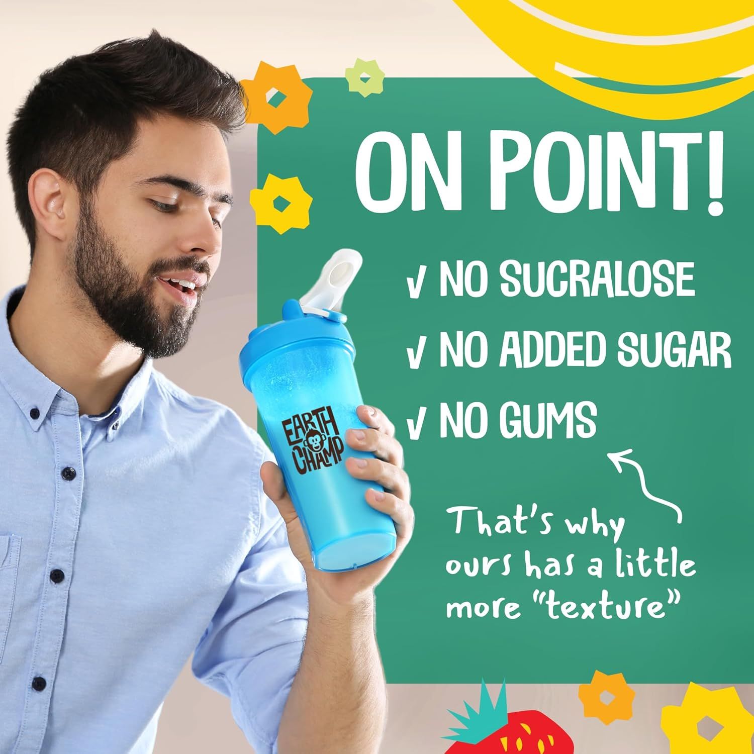 Mann hält einen blauen Shaker. Text: On Point! Kein Sucralose, kein Zuckerzusatz, keine Gummis. Textur-Hinweis.