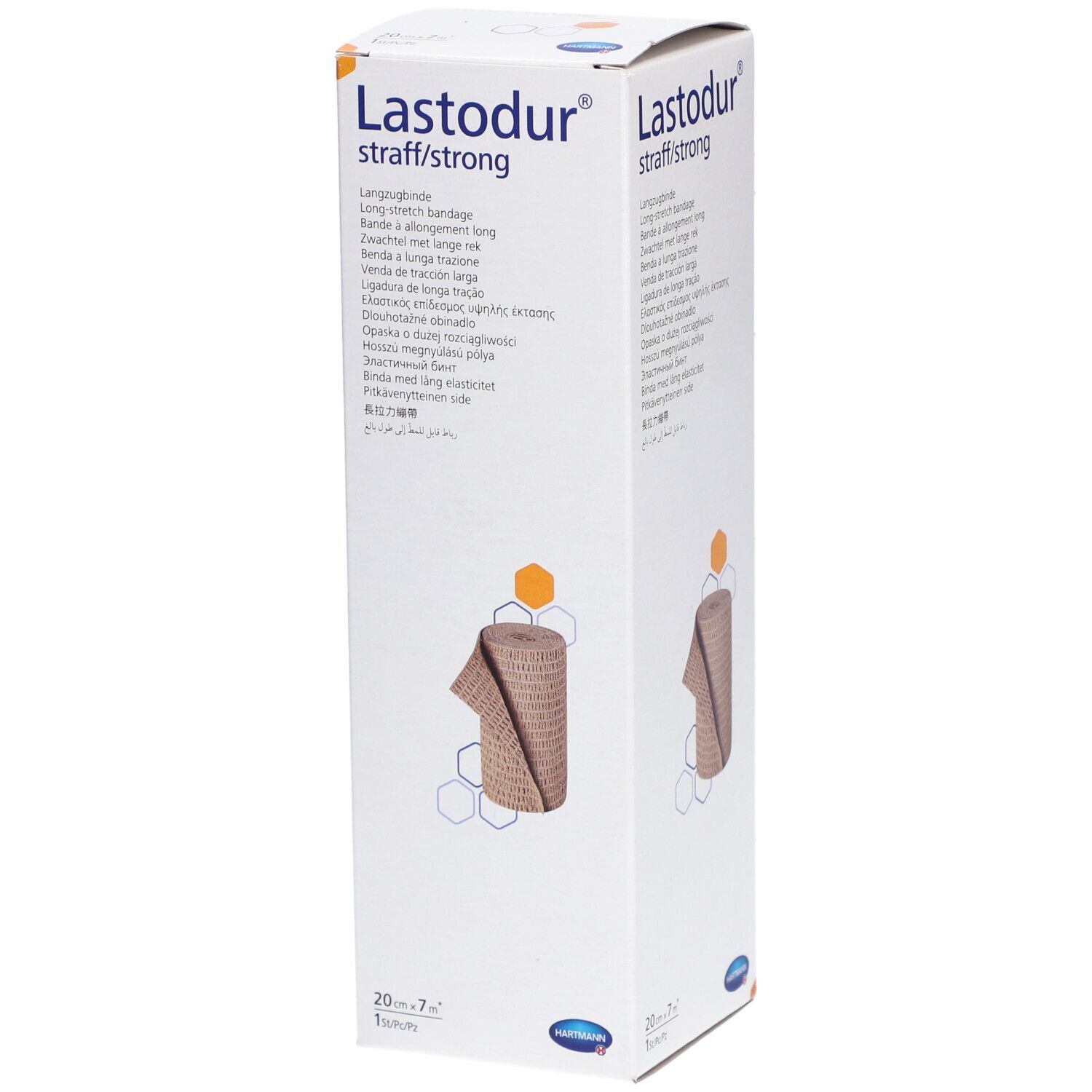 Verpackung von Lastodur® Langzugbinde. Aufschrift: Lastodur straff/strong. Bandage in der Verpackung abgebildet. Größe: 7m x 20cm.