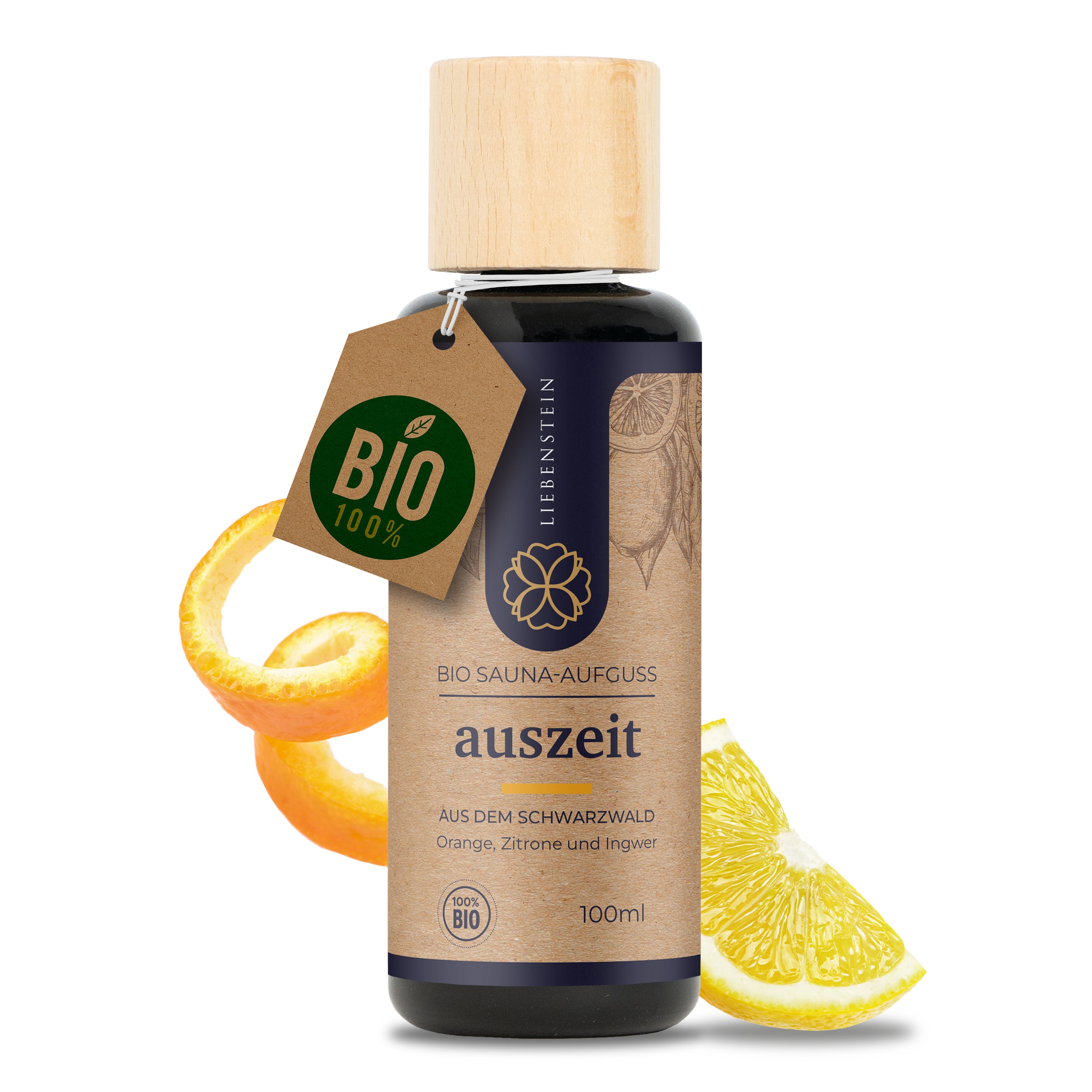 Braune Flasche mit Holzverschluss und Etikett. Aufschrift: BIO Sauna-Aufguss, Auszeit, Orange, Zitrone & Ingwer. BIO-Siegel.