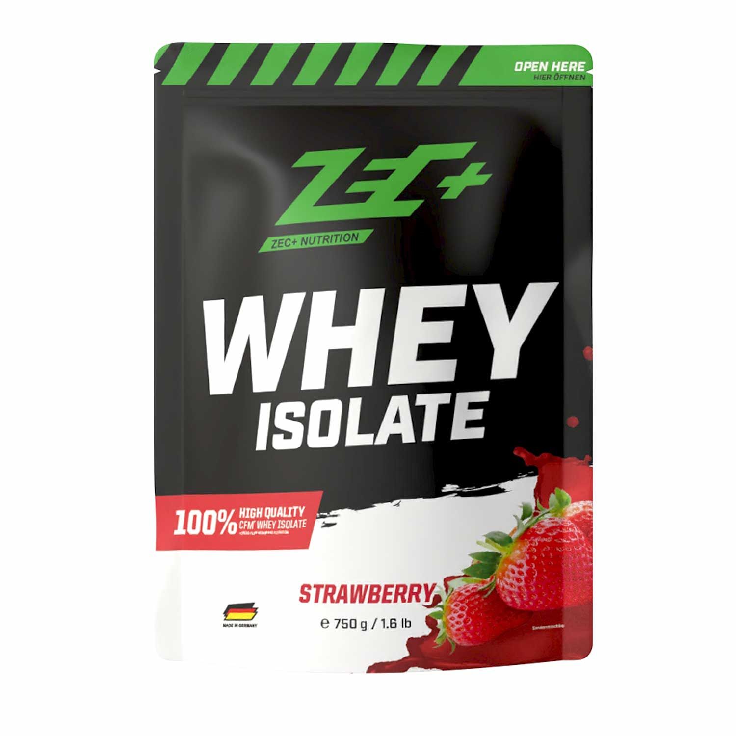 ZEC+ Whey Isolate Erdbeere-Beutel. Schwarzer Beutel mit weißer Schrift. Erdbeeren und roter Farbspritzer. 100% High Quality.