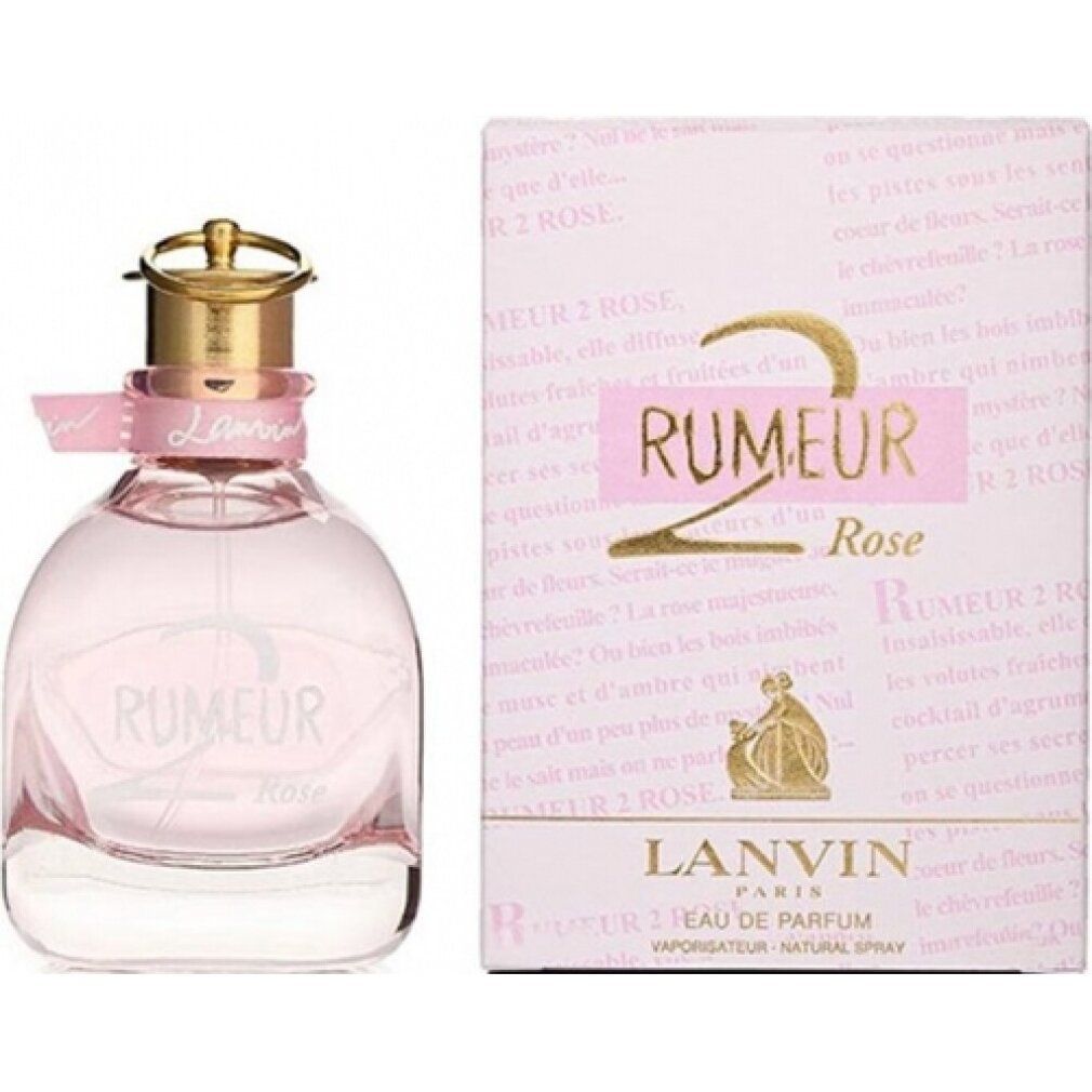 Parfümflasche und Verpackung. Rosa Flüssigkeit, goldener Verschluss. Aufschrift: Rumeur 2 Rose, Lanvin.