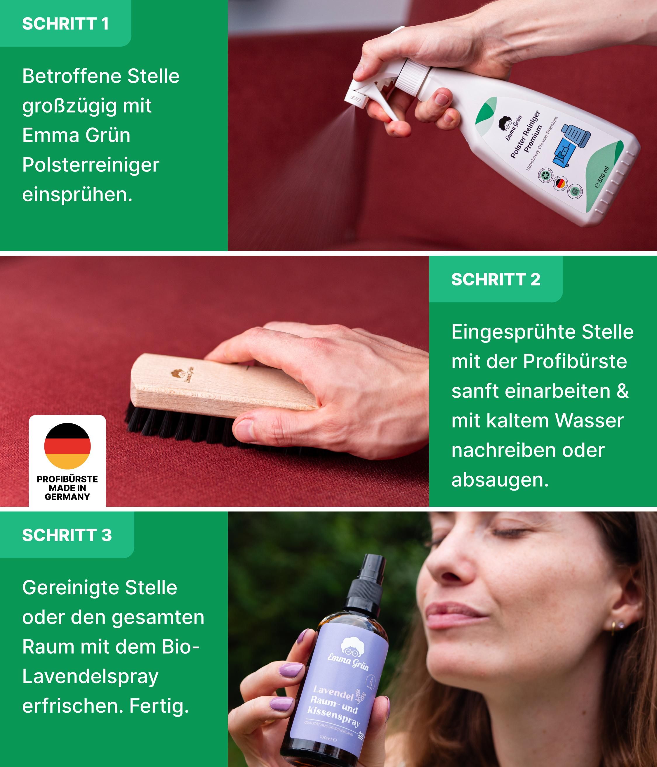 Drei Schritte zur Reinigung. Produkte: Polsterreiniger, Bürste, Raumspray. Text: Schritt 1: Einsprühen. Schritt 2: Einbürsten. Schritt 3: Erfrischen.