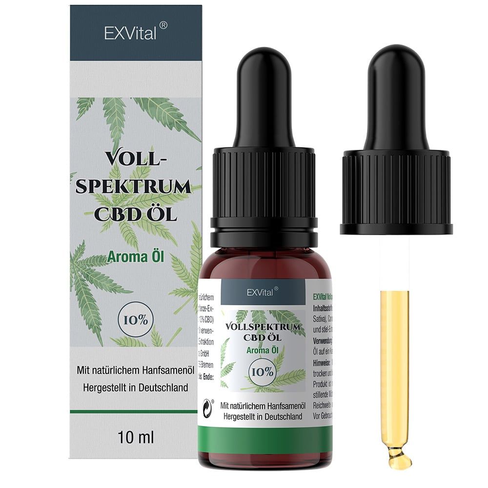 Braune Glasflasche mit schwarzem Deckel und Pipette. Aufschrift: Vollspektrum CBD Öl, 10%. Verpackung mit Logo und Hanfblatt-Motiv.