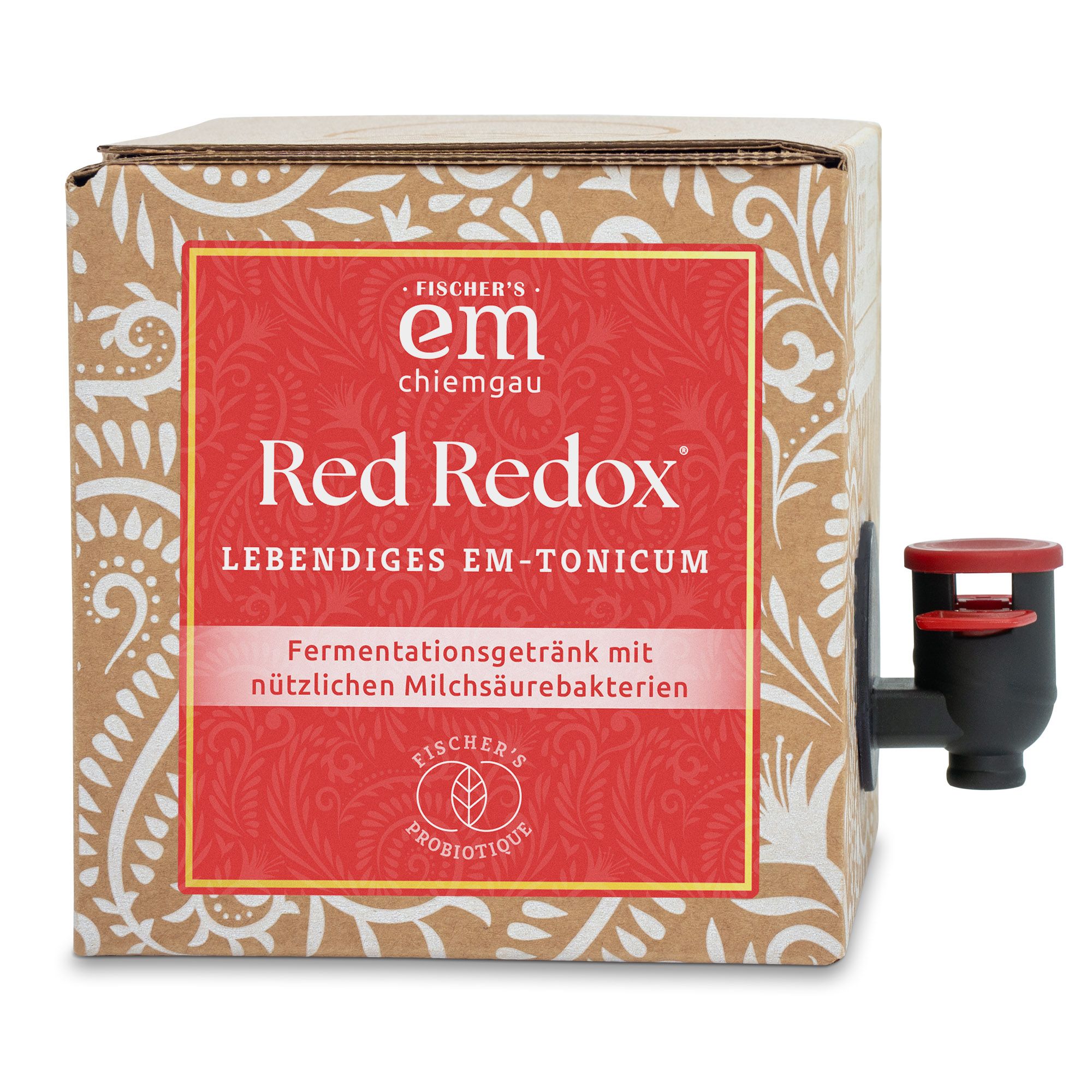 Kartonverpackung mit rotem Etikett. Text: Red Redox, lebendiges EM-Tonicum. Zapfhahn. Logo: Fischer's Probiotique.