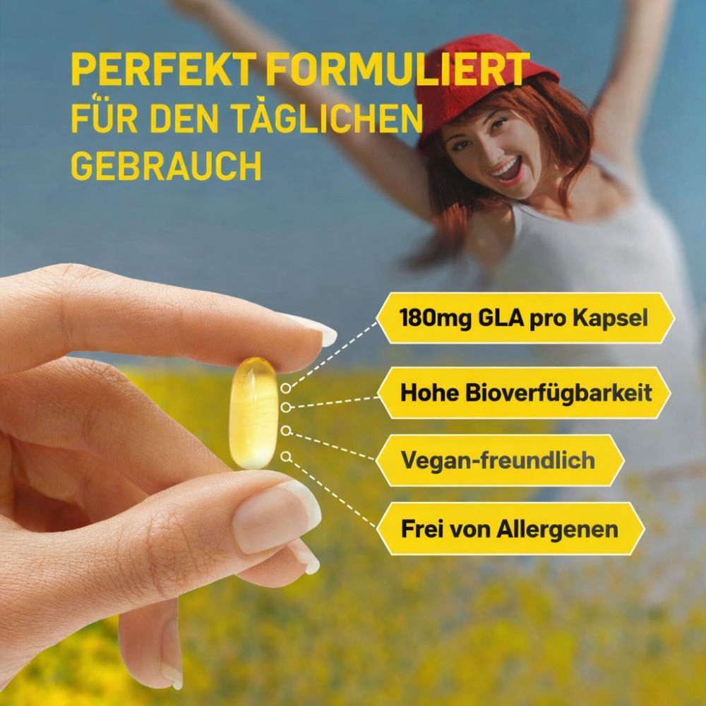 Hand hält eine gelbe Softgel-Kapsel. Text: 180mg GLA pro Kapsel, hohe Bioverfügbarkeit, vegan-freundlich, frei von Allergenen.