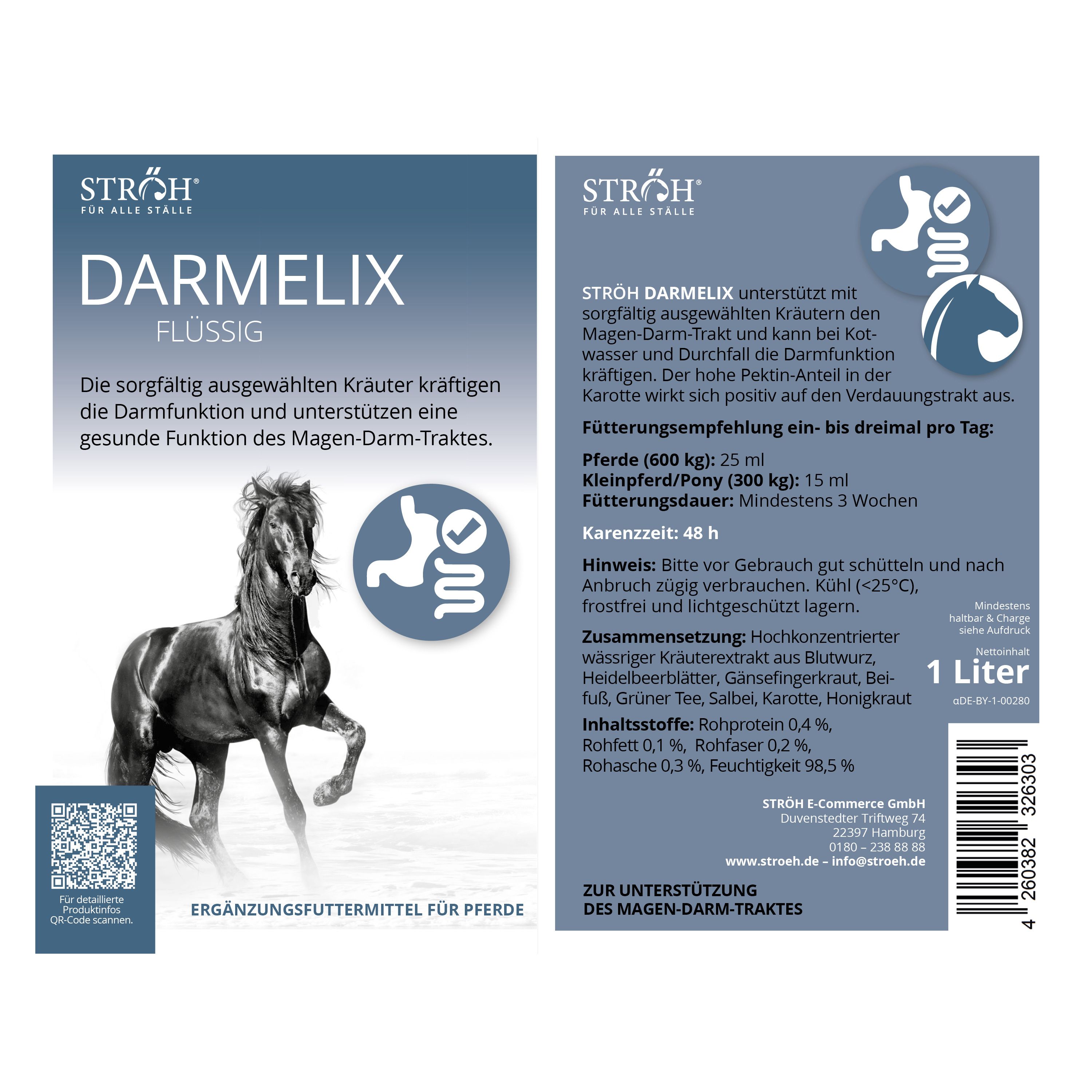 DARMELIX Flüssig-Etikett. Enthält Kräuter zur Unterstützung der Darmfunktion. Mit QR-Code und Abbildung eines Pferdes. 1 Liter.