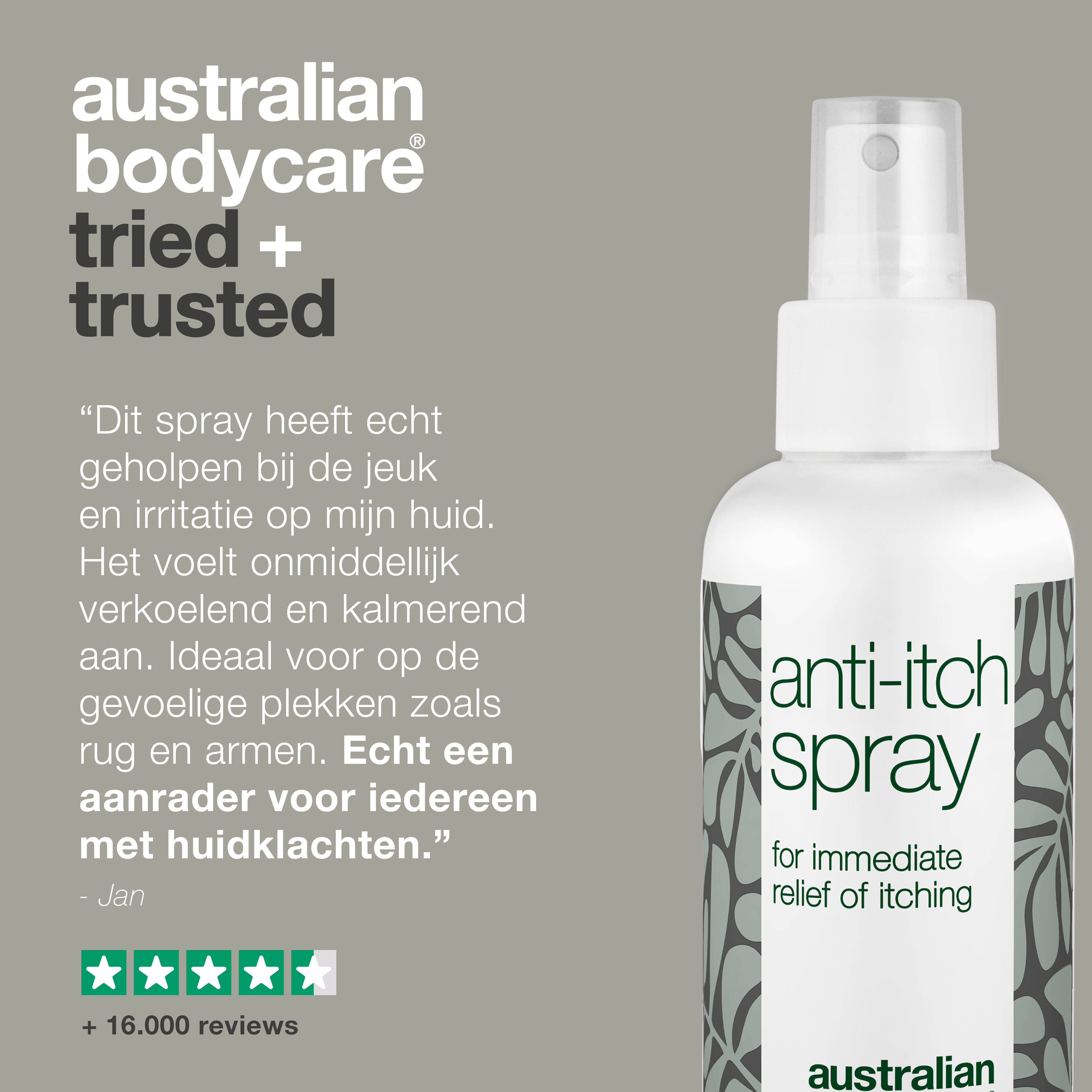 Product- en getuigenispresentatie. Spray tegen jeuk met tekst en beoordeling. Merk: Australian Bodycare.