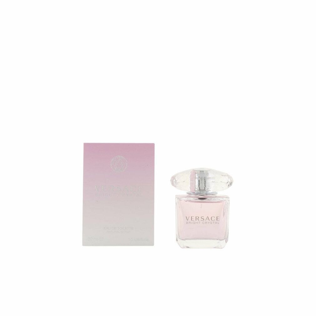 Rosa Flakon mit Kristallverschluss und Verpackung. Aufschrift: VERSACE BRIGHT CRYSTAL.