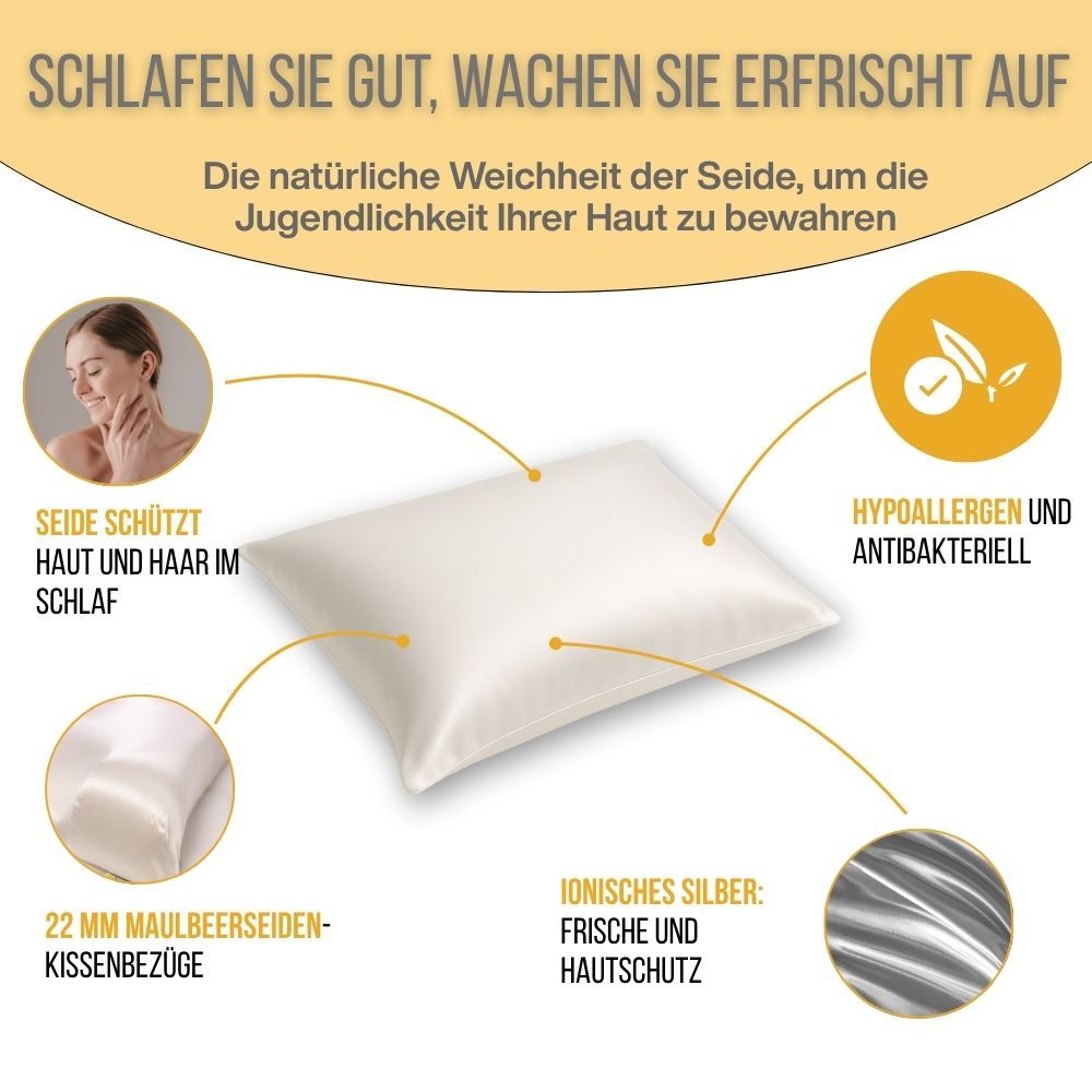 Weißes Kissen mit Infografik. Text und Icons mit Produktvorteilen.