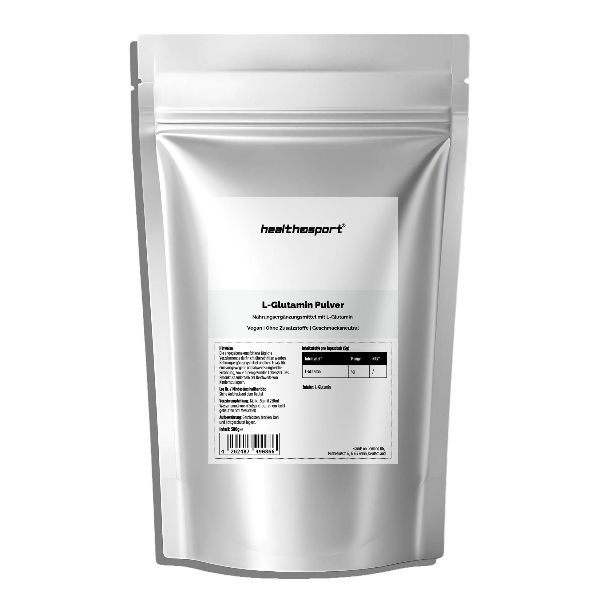 Silberfarbene Beuteltasche mit weißem Etikett. Aufschrift: healthsport, L-Glutamin Pulver. Vegan.