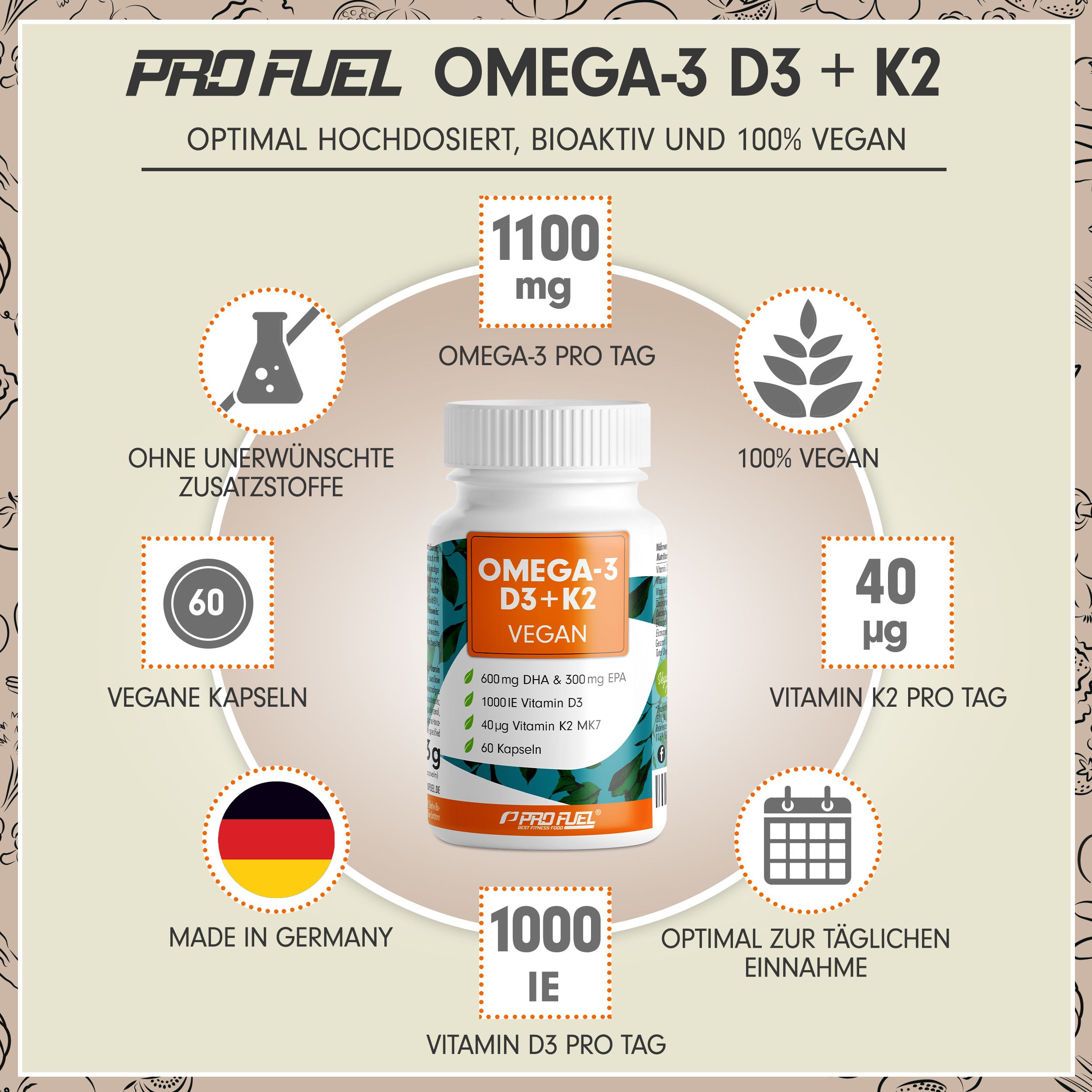 Produktabbildung mit Text und Icons. Flasche mit OMEGA-3 D3+K2. Informationen zu Inhaltsstoffen und Eigenschaften.