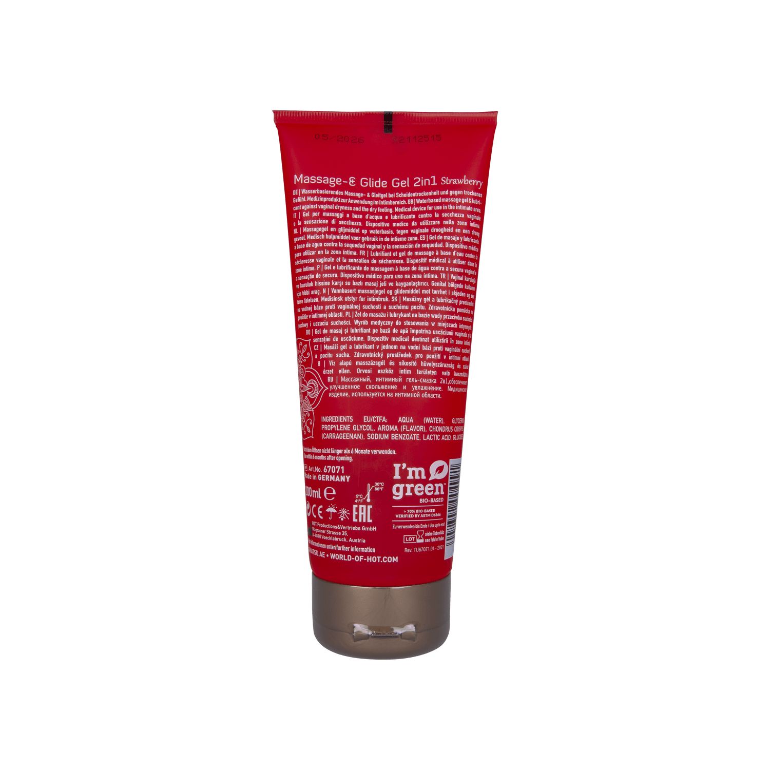 Rote Tube mit Text. Aufschrift: Massage- & Glide Gel 2in1 Strawberry. Grün-Zertifizierung.
