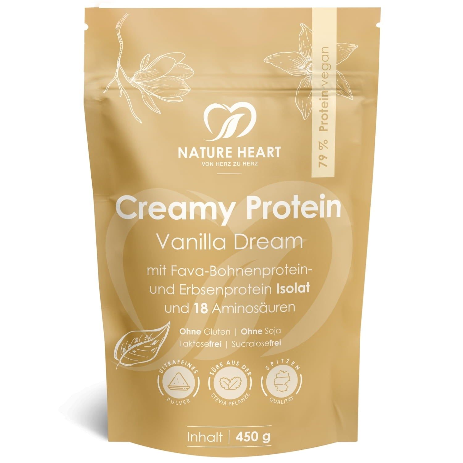 Beige Standbeutel mit "Nature Heart Creamy Protein Vanilla Dream" Aufdruck. Enthält 450g. Mit Logos und Texten zu Inhaltsstoffen.