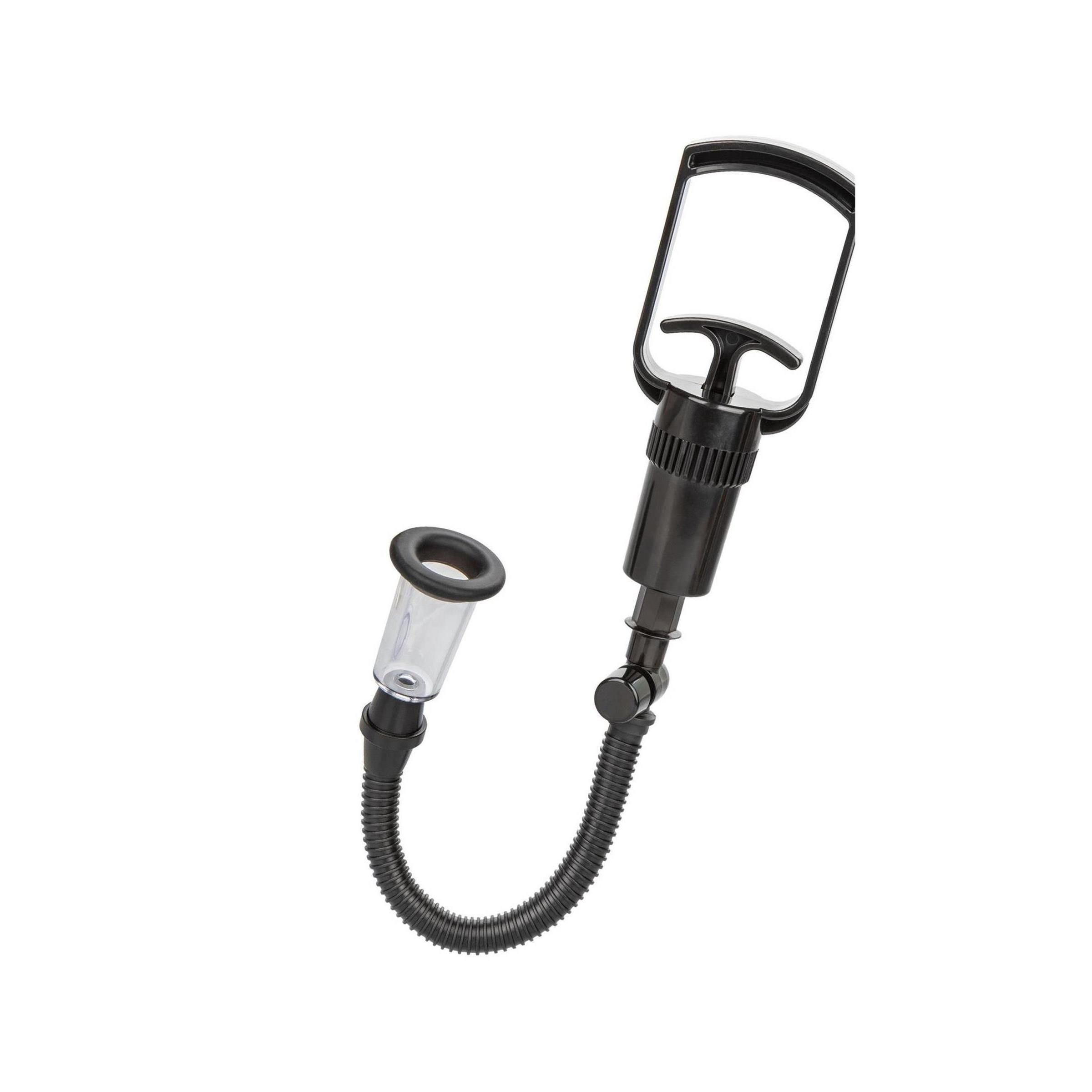 Schwarze Pumpe mit Schlauch und Zylinder. Transparenter Zylinder mit schwarzem Rand. Schwarzer Griff.