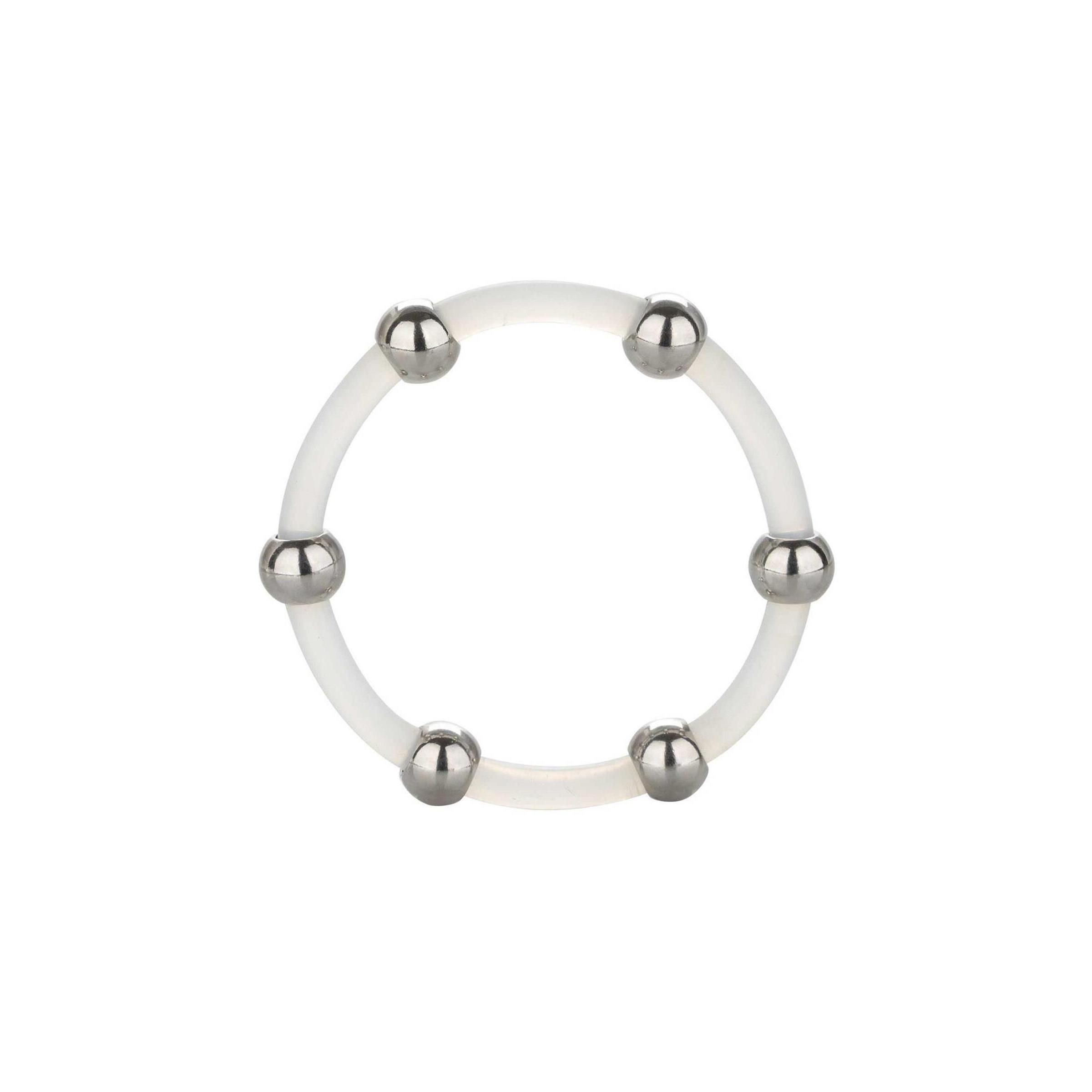 Ring aus transparentem Silikon mit sechs Metallkugeln. Das Produkt ist rund und liegt auf weißem Hintergrund.