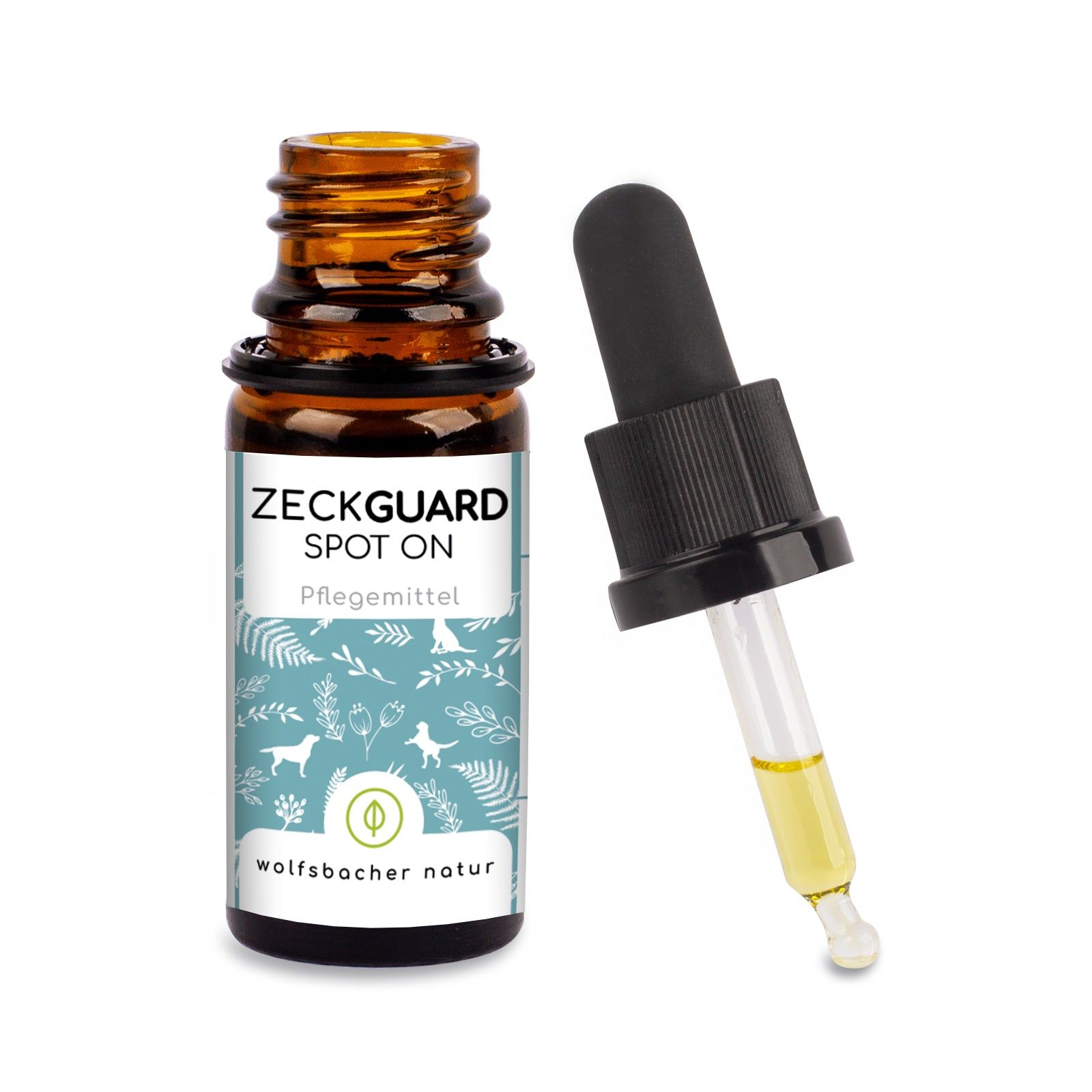 Braune Glasflasche mit Spot-On-Tropfen und Pipette. Aufschrift: ZECKGUARD Spot On. Pipette mit gelblicher Flüssigkeit.
