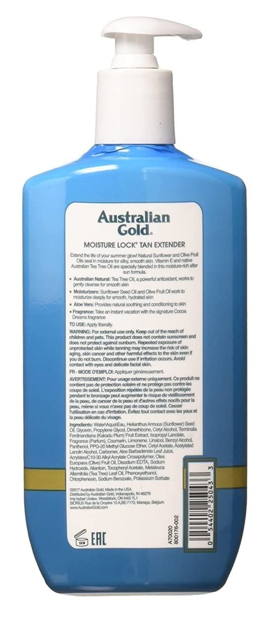 Rückseite einer türkisfarbenen Flasche mit Pumpe. Aufschrift: Australian Gold, Moisture Lock Tan Extender. Inhaltsstoffe und Anwendung.