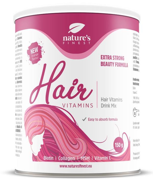 Dose Nature's Finest Hair Vitamins. Rosa-weißes Design, Schriftzug, Illustration einer Frau mit pinken Haaren. Orange-Geschmack.