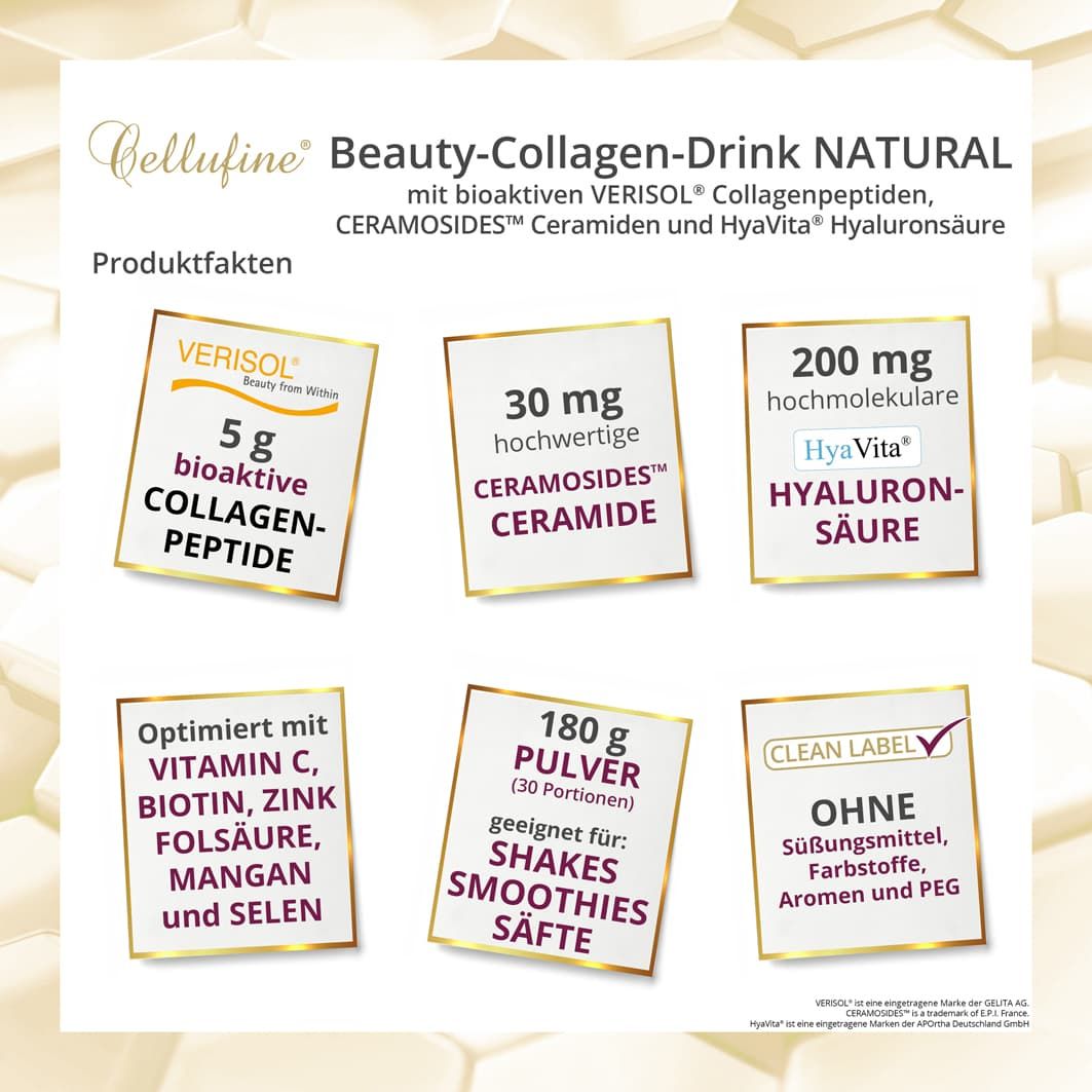 Produktfakten: 6 Infografiken mit Inhaltsstoffen und Mengen des Beauty-Collagen-Drinks. Enthält Collagen-Peptide, Ceramide, Hyaluronsäure.