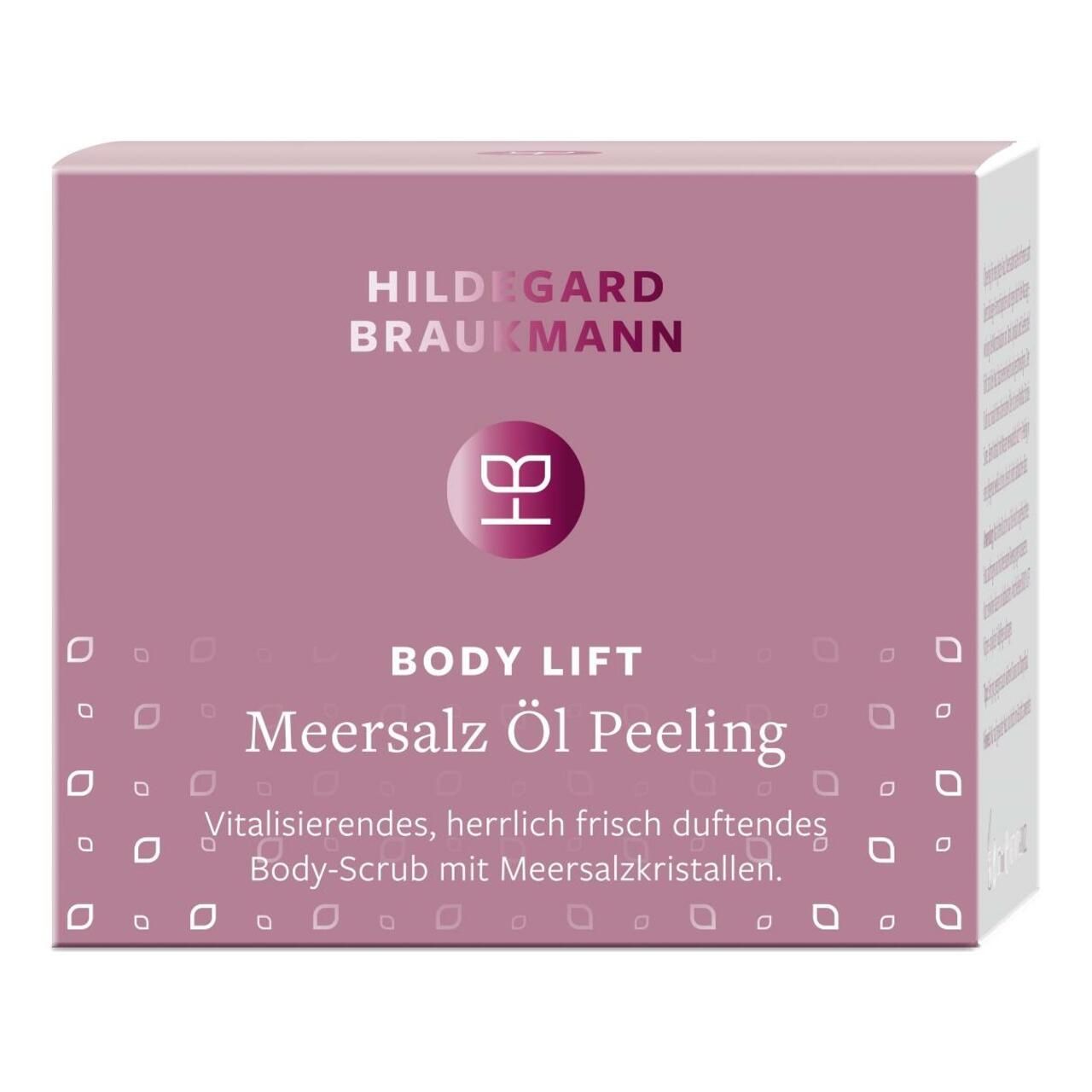 Verpackung von Hildegard Braukmann Body Lift Meersalz Öl Peeling. Rosa-weiße Box mit Produktnamen und Logo.