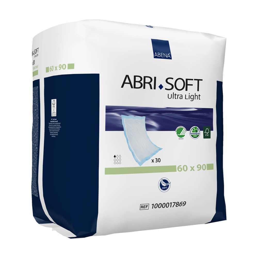 Abri-Soft Ultra Light Verpackung, 60 x 90 cm. Logo und Produktinformationen. Enthält 30 Stück. Zertifizierungen sichtbar.