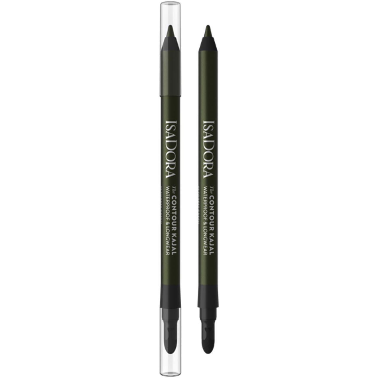 IsaDora The Contour Kajal, dunkelgrüner Stift mit schwarzer Mine und transparentem Deckel. Aufschrift: Waterproof & Longwear.