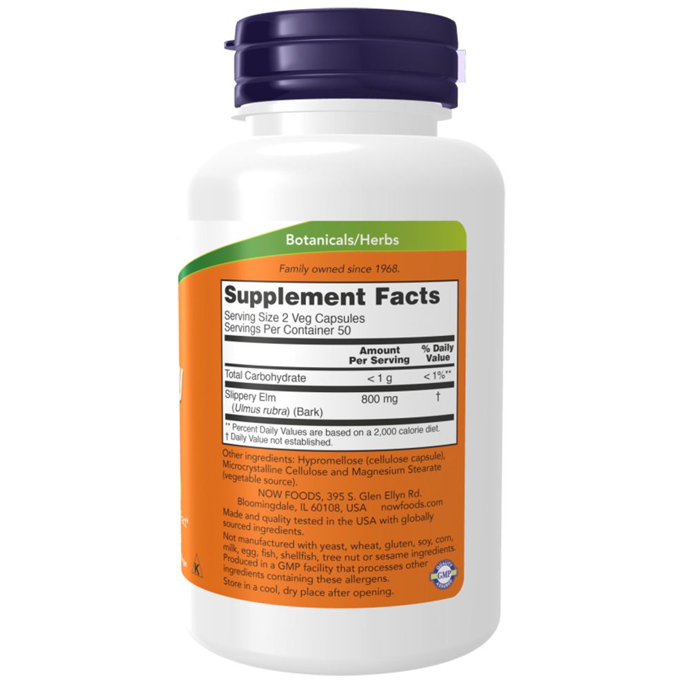 Rückseite der Flasche. Orangefarbenes Etikett mit Nährwertangaben. Enthält Slippery Elm. Marke: NOW.
