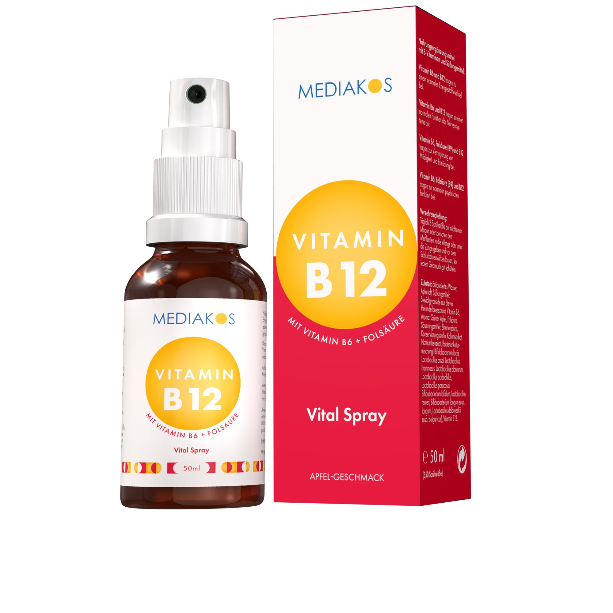 Braune Glasflasche mit Sprühkopf und roter Verpackung. Aufschrift: Vitamin B12, Vital Spray, Apfel-Geschmack. Marke: Mediakos.