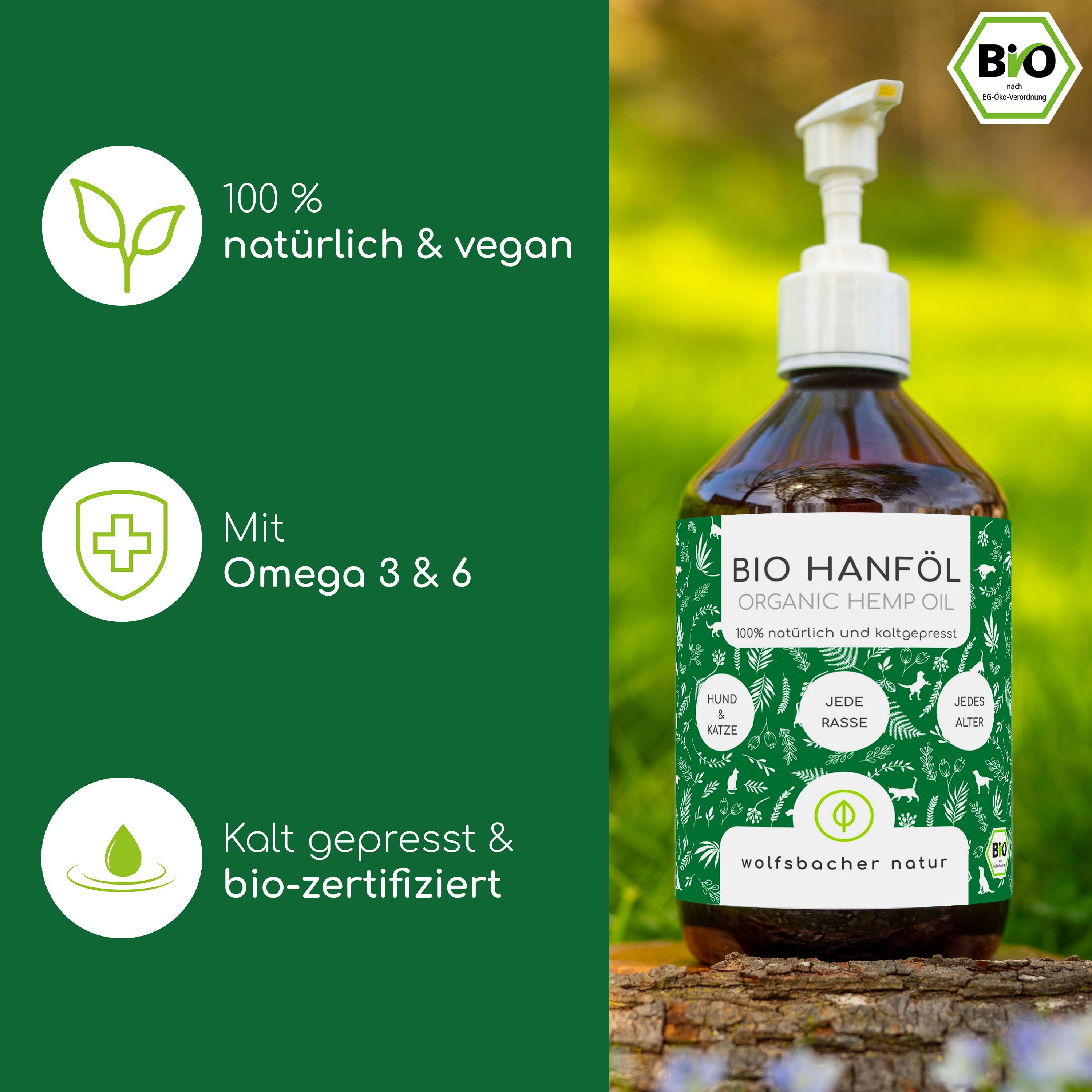 Hanföl-Flasche mit Text: BIO Hanföl, 100% natürlich & vegan, kalt gepresst & bio-zertifiziert. Bio-Siegel.