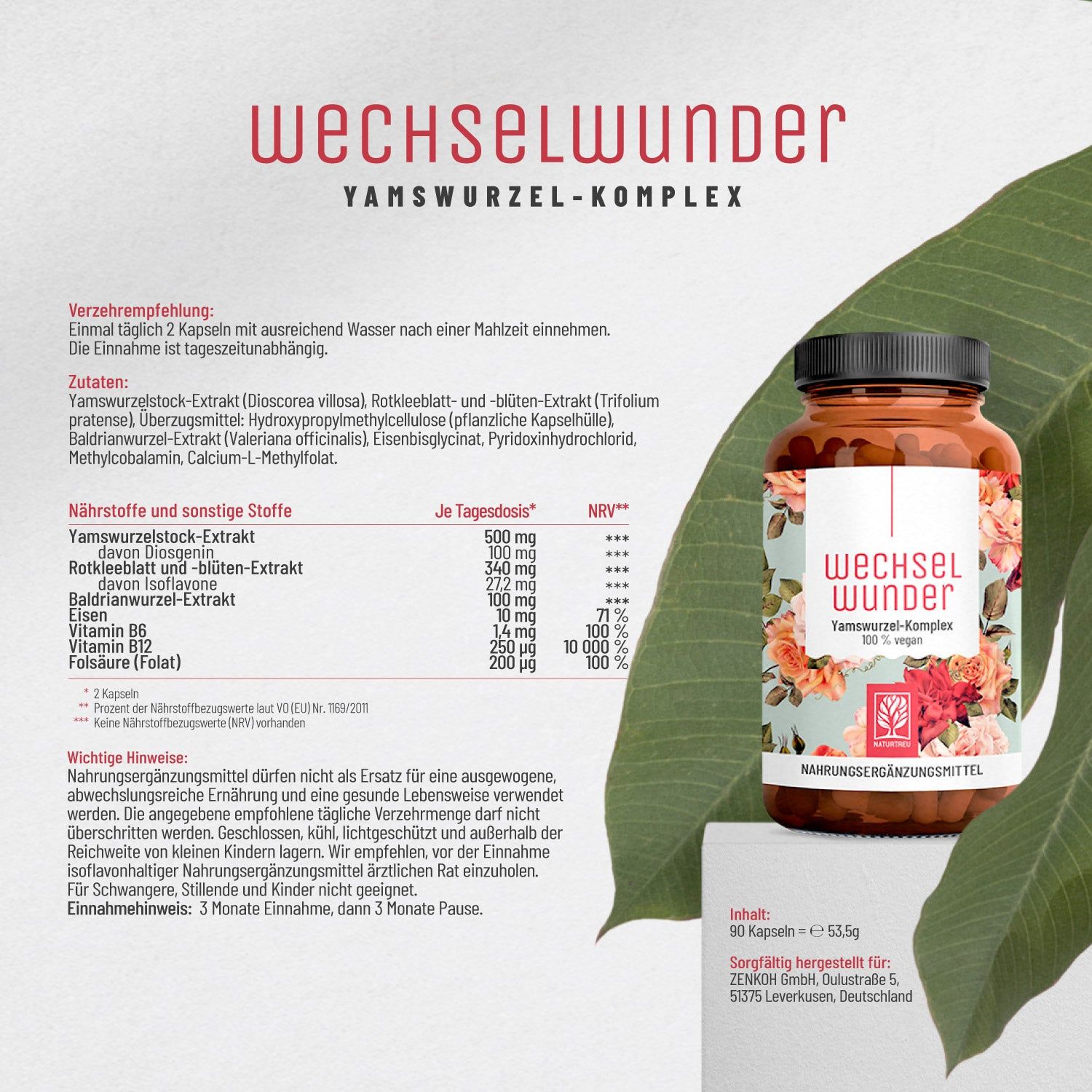 Produktetikett von WechselWunder. Inhaltsstoffe, Dosierung, Hinweise. Braune Flasche mit floralem Design. 90 Kapseln.