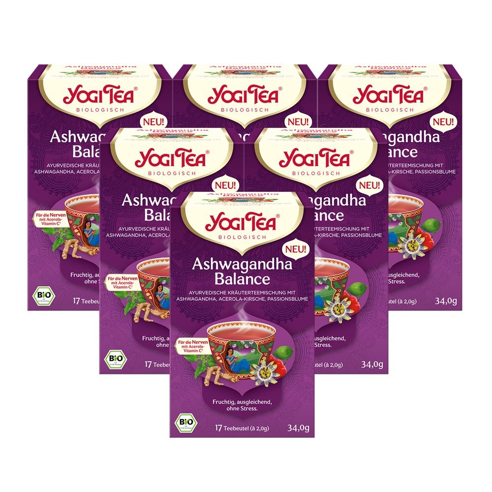 Mehrere Packungen Yogi Tea Ashwagandha Balance. Lila Verpackung mit Logo und Produktbezeichnung. Bio-Siegel und Text.