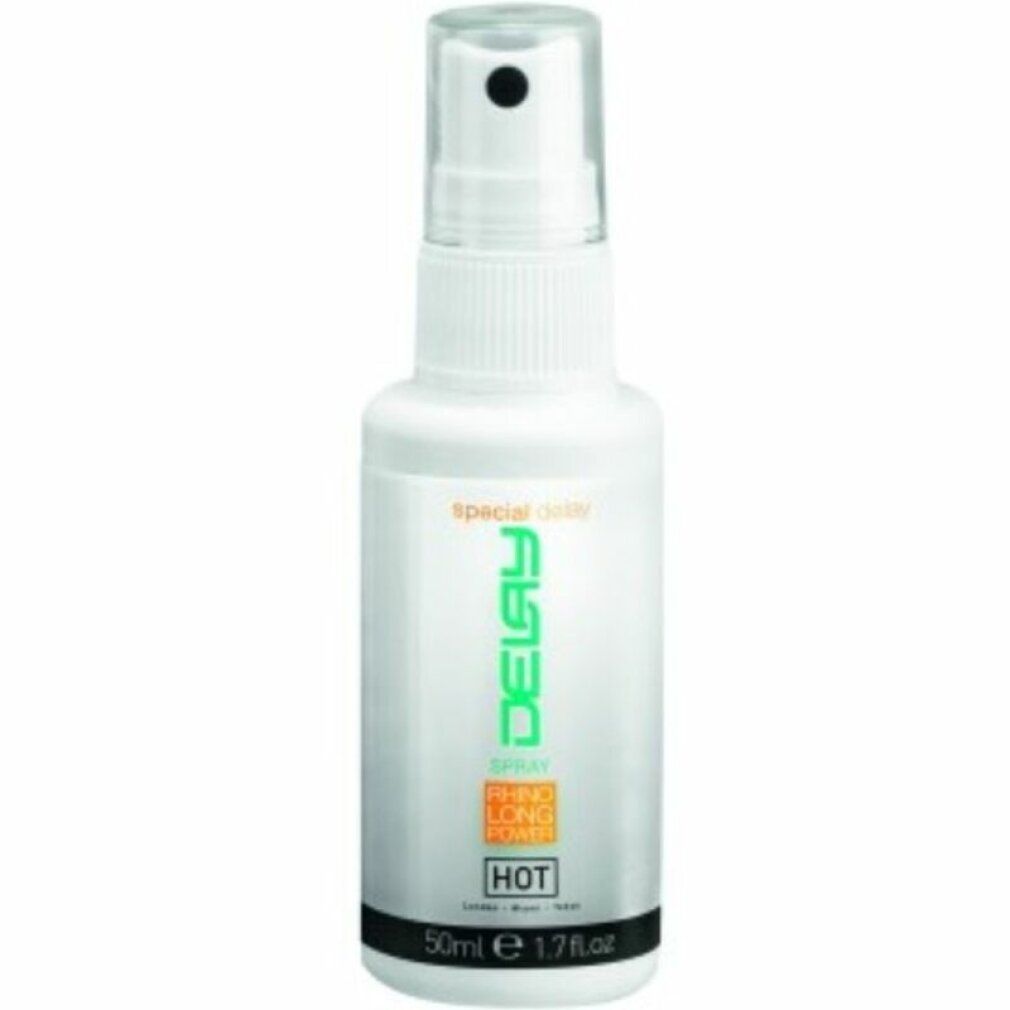 Weiße Sprühflasche mit "DELAY SPRAY" und "RHINO LONG POWER". "HOT" ist ebenfalls sichtbar.