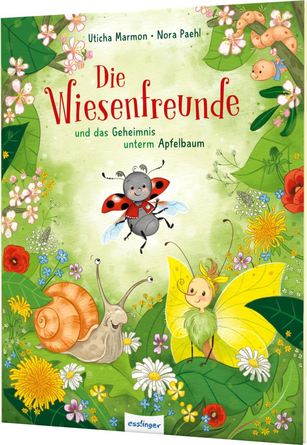 Buchcover mit Titel "Die Wiesenfreunde und das Geheimnis unterm Apfelbaum". Illustrationen von Käfer, Schnecke und Schmetterling.