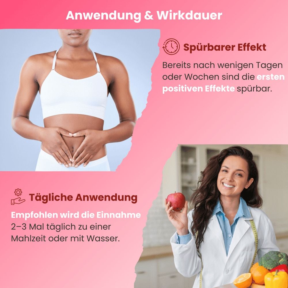 Frau hält Hände auf Bauch, daneben eine Frau mit Apfel. Text: Anwendung & Wirkdauer, tägliche Anwendung, spürbarer Effekt.