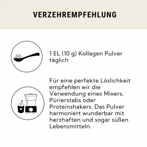 Grafische Darstellung der Verzehrempfehlung. Löffel mit Pulver, Mixer-Symbol. Text in deutscher Sprache.