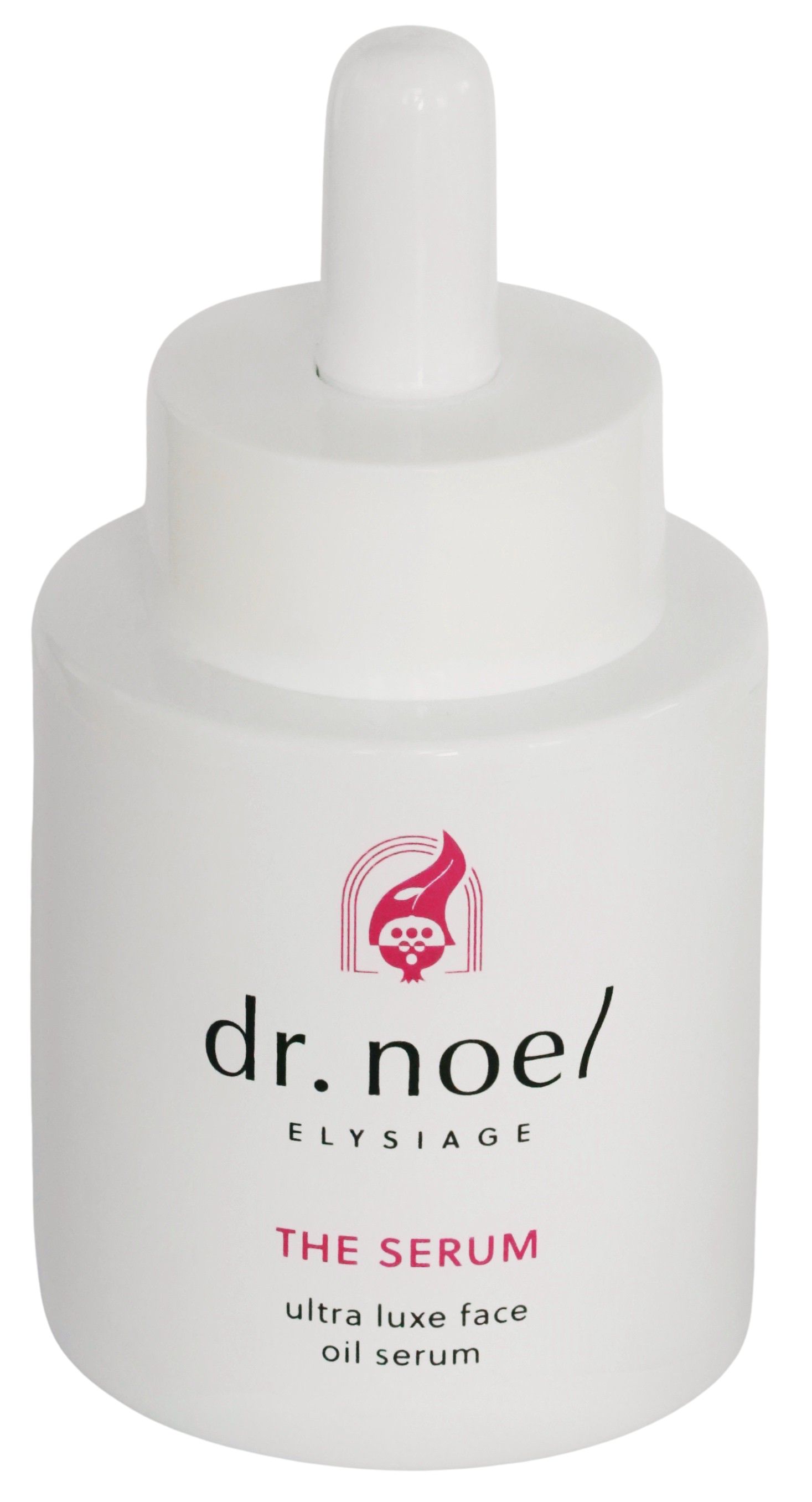 Weiße Serumflasche. Aufschrift: dr. noel/ ELYSIAGE, THE SERUM, ultra luxe face oil serum. Rosa Akzente.
