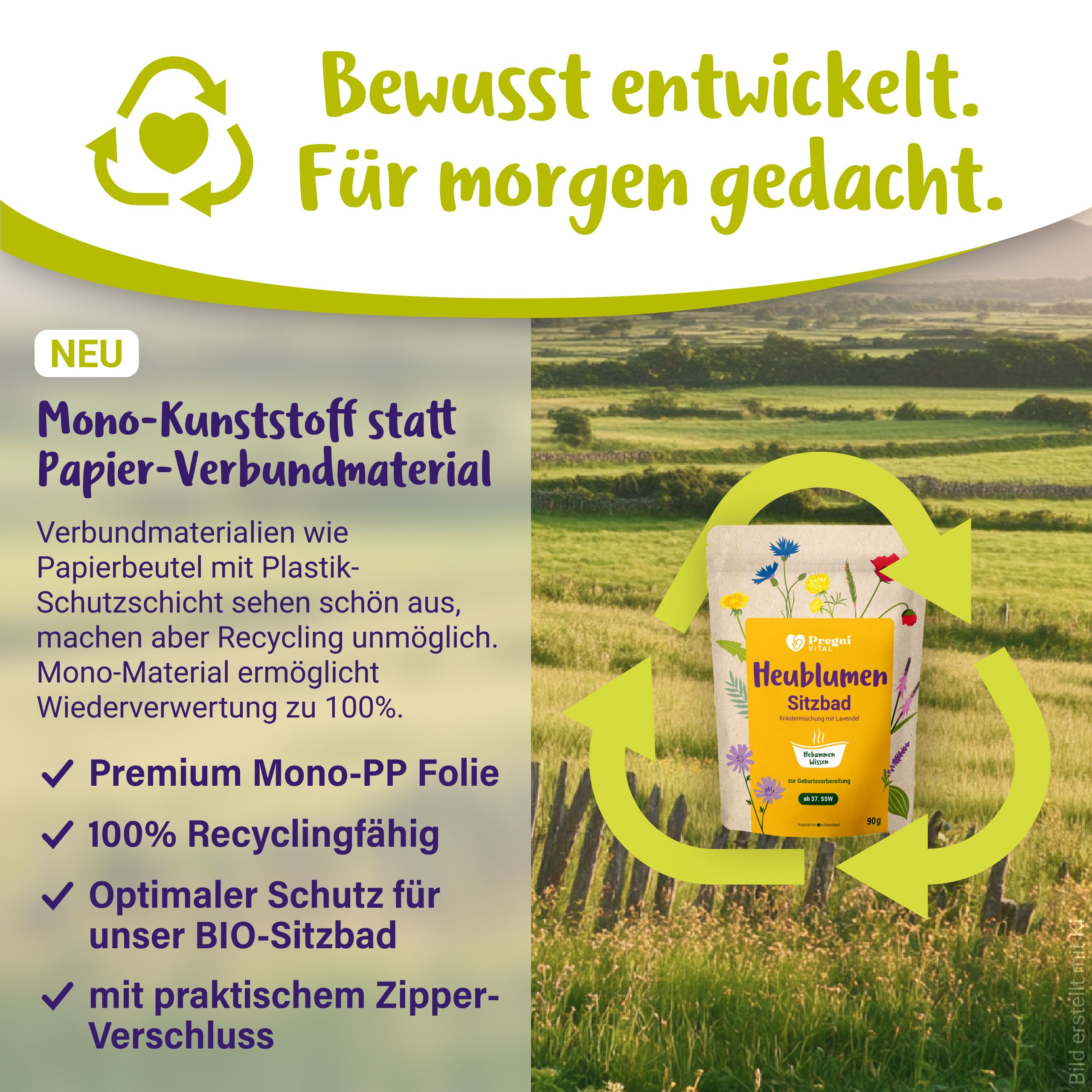 PregniVital Heublumen Sitzbad Beutel aus 100% recycelbarer Mono-PP Folie.