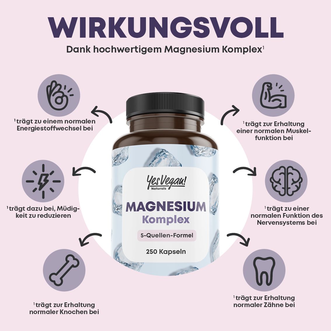 Flasche mit 250 Magnesium Kapseln, 5-Quellen-Formel. Vorteile für Energie, Muskeln, Nerven und Knochen.